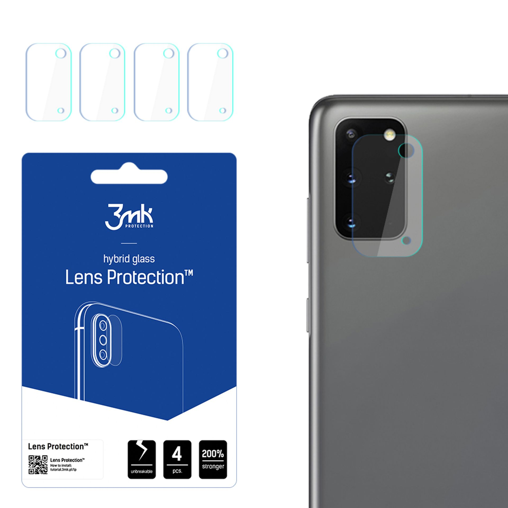 Un telefono con protezioni per lenti, la confezione della protezione per lenti e 4 protezioni aggiuntive sono visibili.