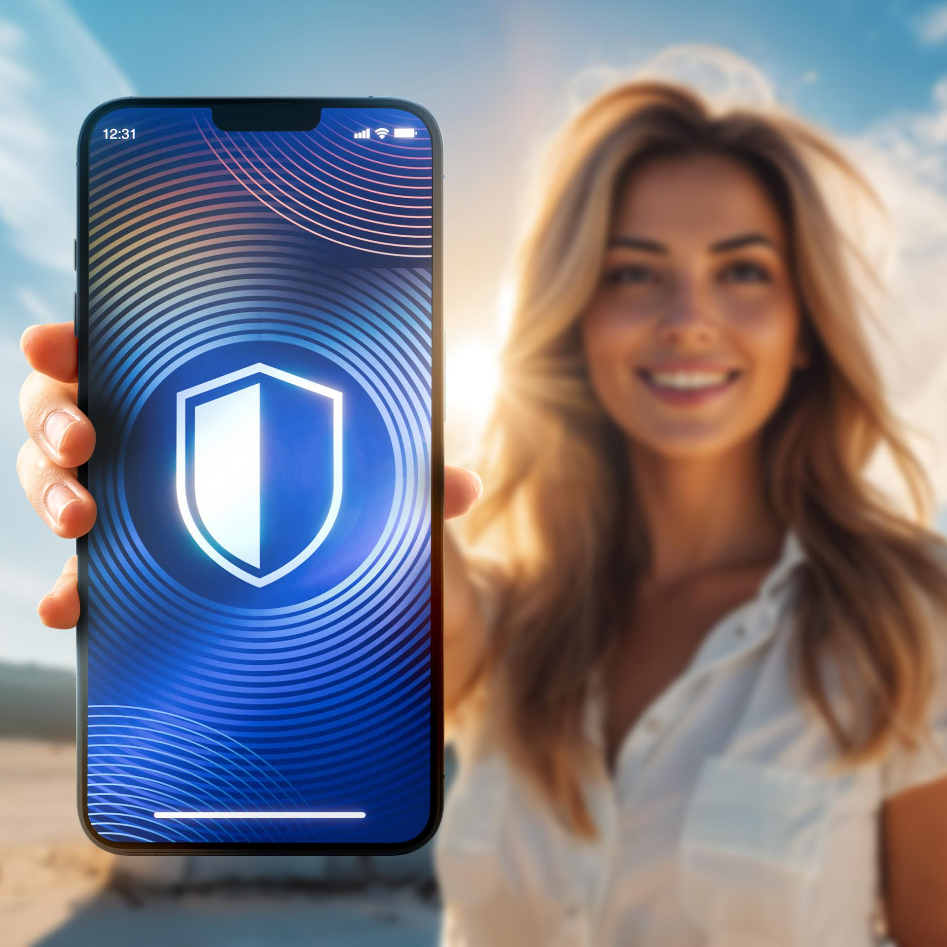Kobieta trzyma telefon z ikoną tarczy. Niebo jest niebieskie. Kobieta jest blondynką i uśmiecha się.