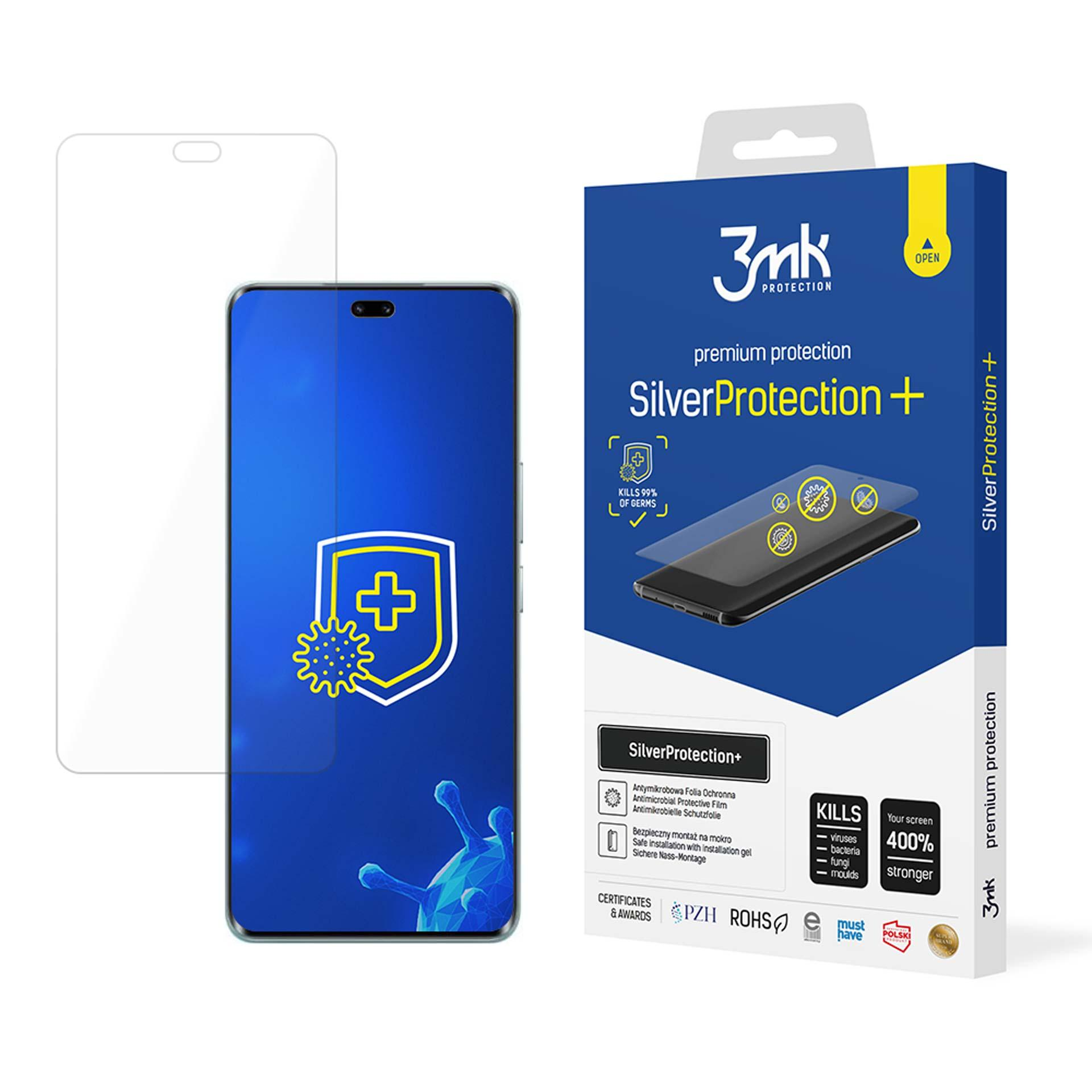 Un proteggi schermo e un telefono sono visualizzati accanto a una confezione del prodotto. La confezione dice Silver Protection+.