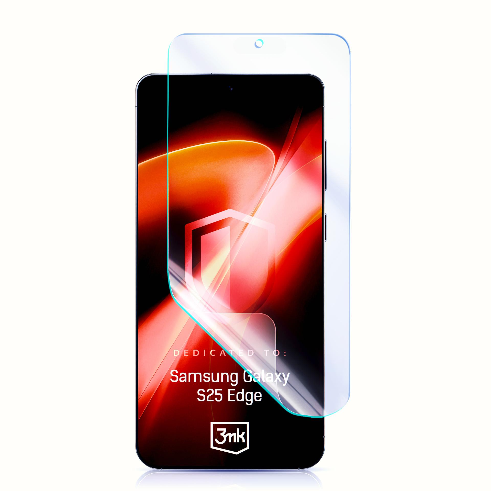 Smartphone con protezione schermo. Il telefono è nero, la protezione è trasparente. Il testo dice 'Samsung Galaxy S25 Edge'.