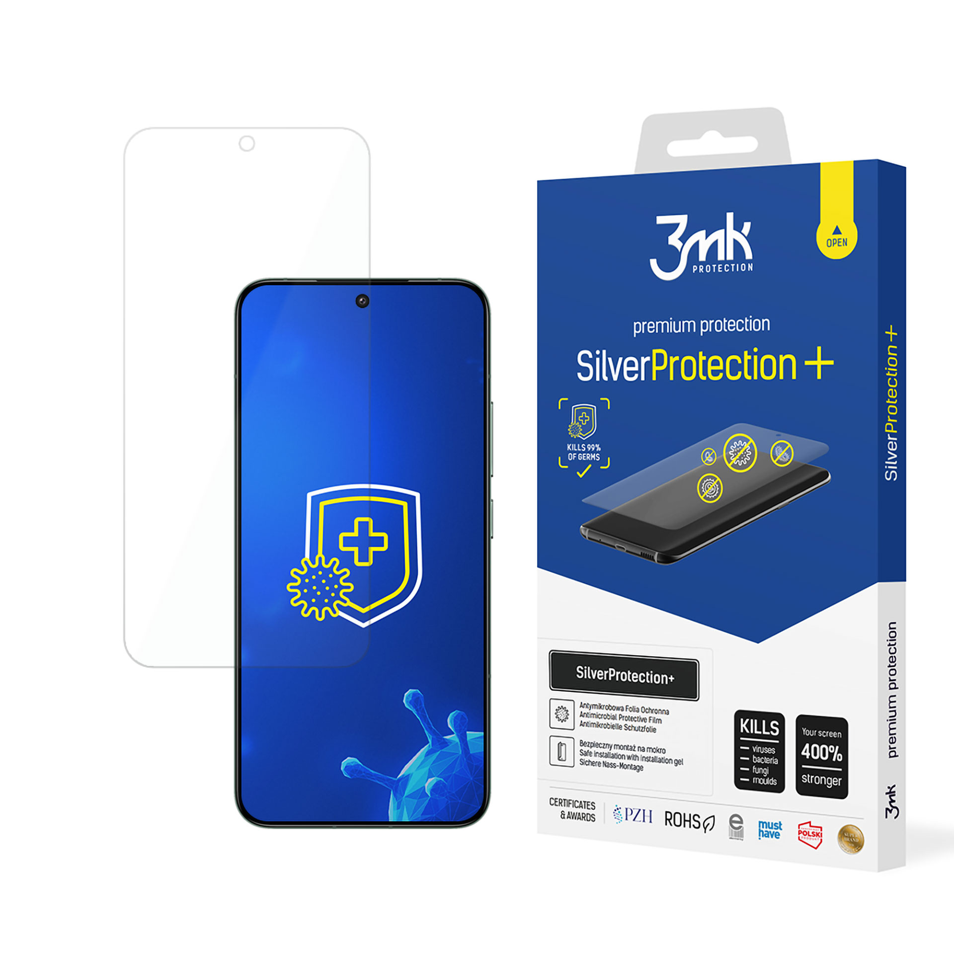 Un proteggi schermo e una scatola. Il proteggi schermo mostra uno schermo con un logo che elimina i germi. La scatola dice SilverProtection+.
