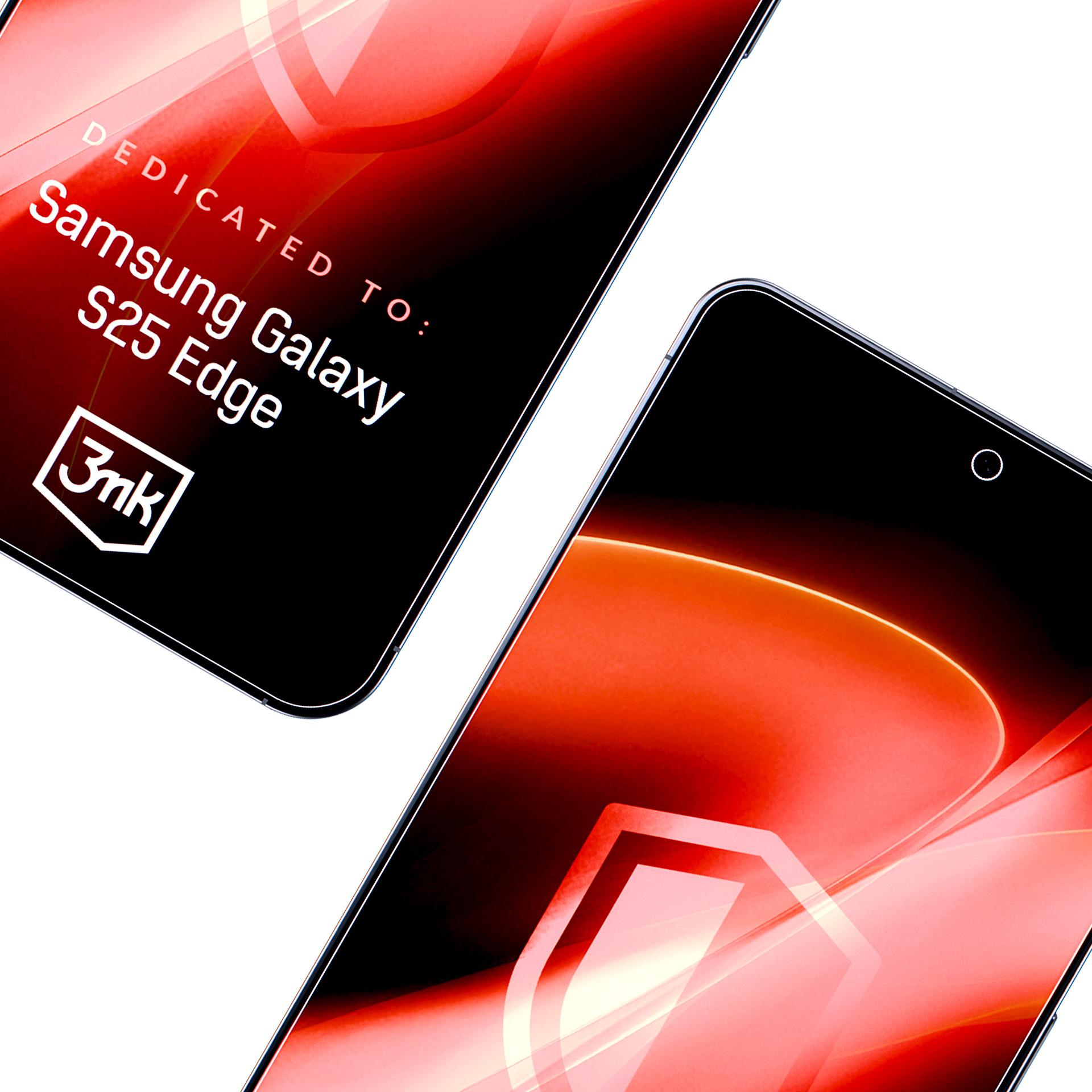 Due telefoni con schermi neri e testo bianco. Il testo recita 'Dedicated to: Samsung Galaxy S25 Edge' e il logo '3mk'.