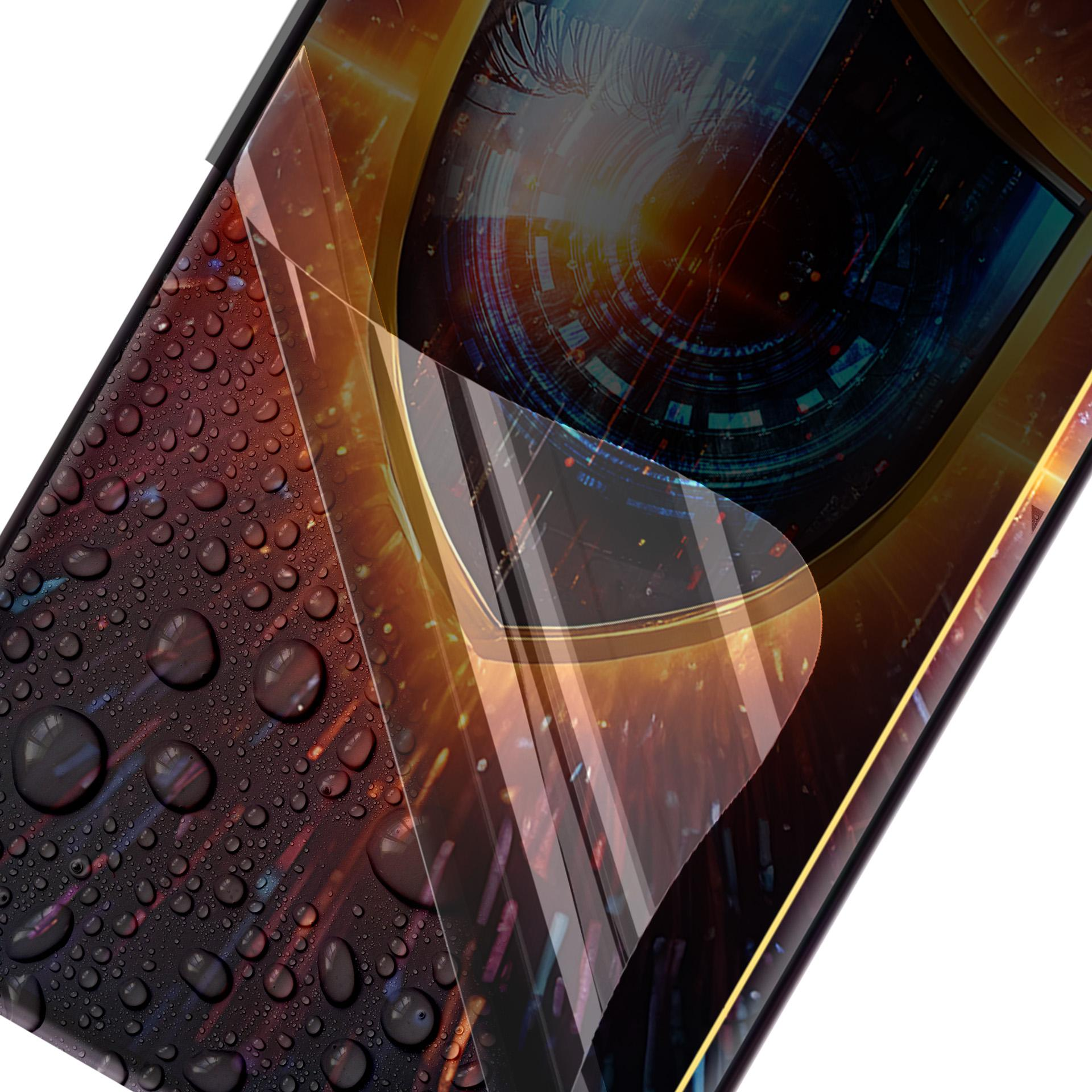 Schermo di smartphone con design a occhio digitale. Gocce d'acqua coprono lo schermo. Lo sfondo è una città futuristica.