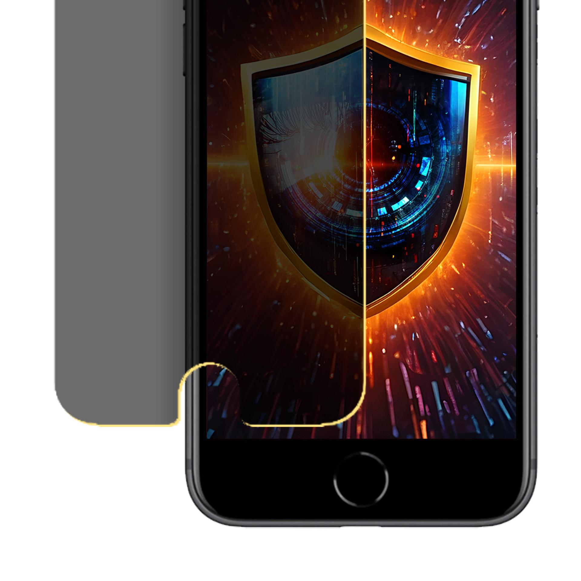 Smartphone con pantalla que muestra un gráfico de escudo. Una pantalla de privacidad está a la izquierda. Acentos dorados y luces naranjas.
