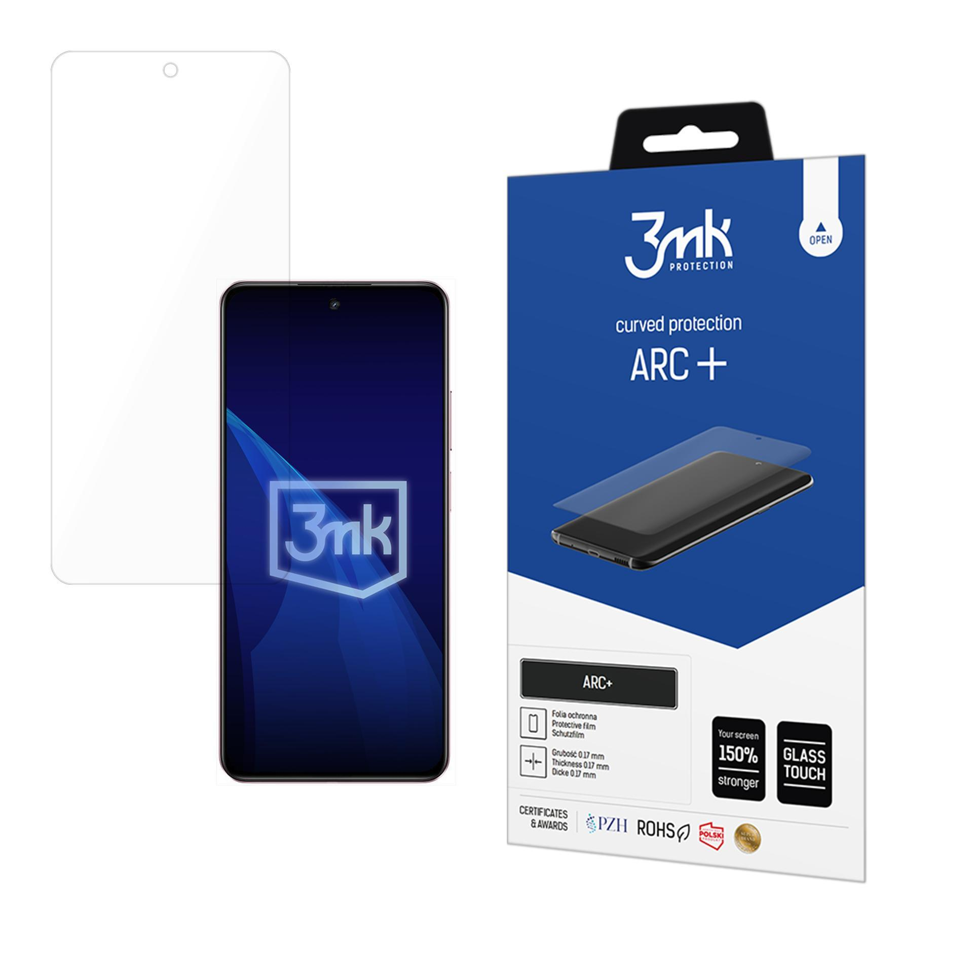 Vengono mostrati un proteggi schermo e un telefono. Il proteggi schermo è trasparente, il telefono blu scuro. Confezione a destra.