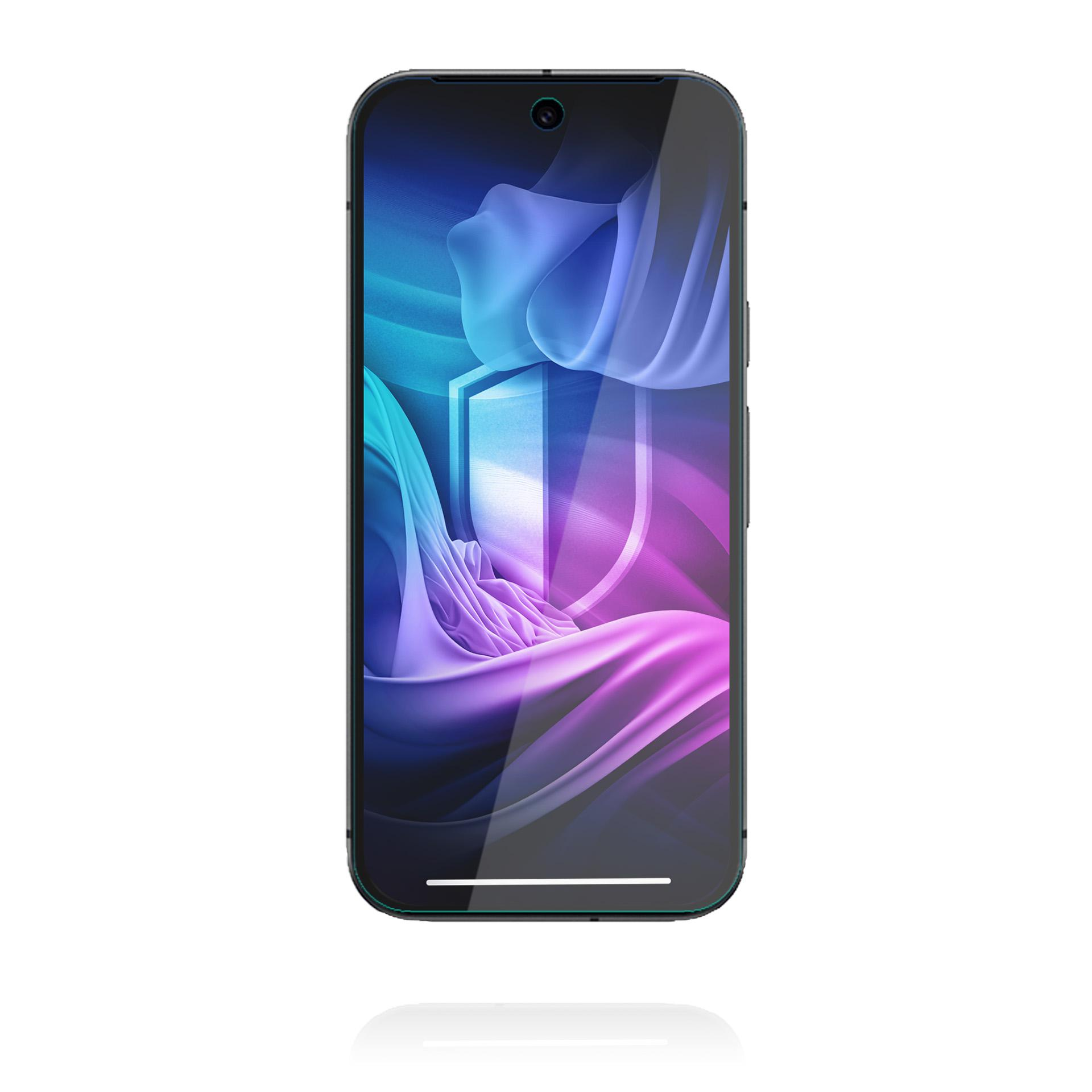 Smartphone con un design astratto colorato sullo schermo. Presenta un'icona a scudo e forme fluide simili a tessuto.