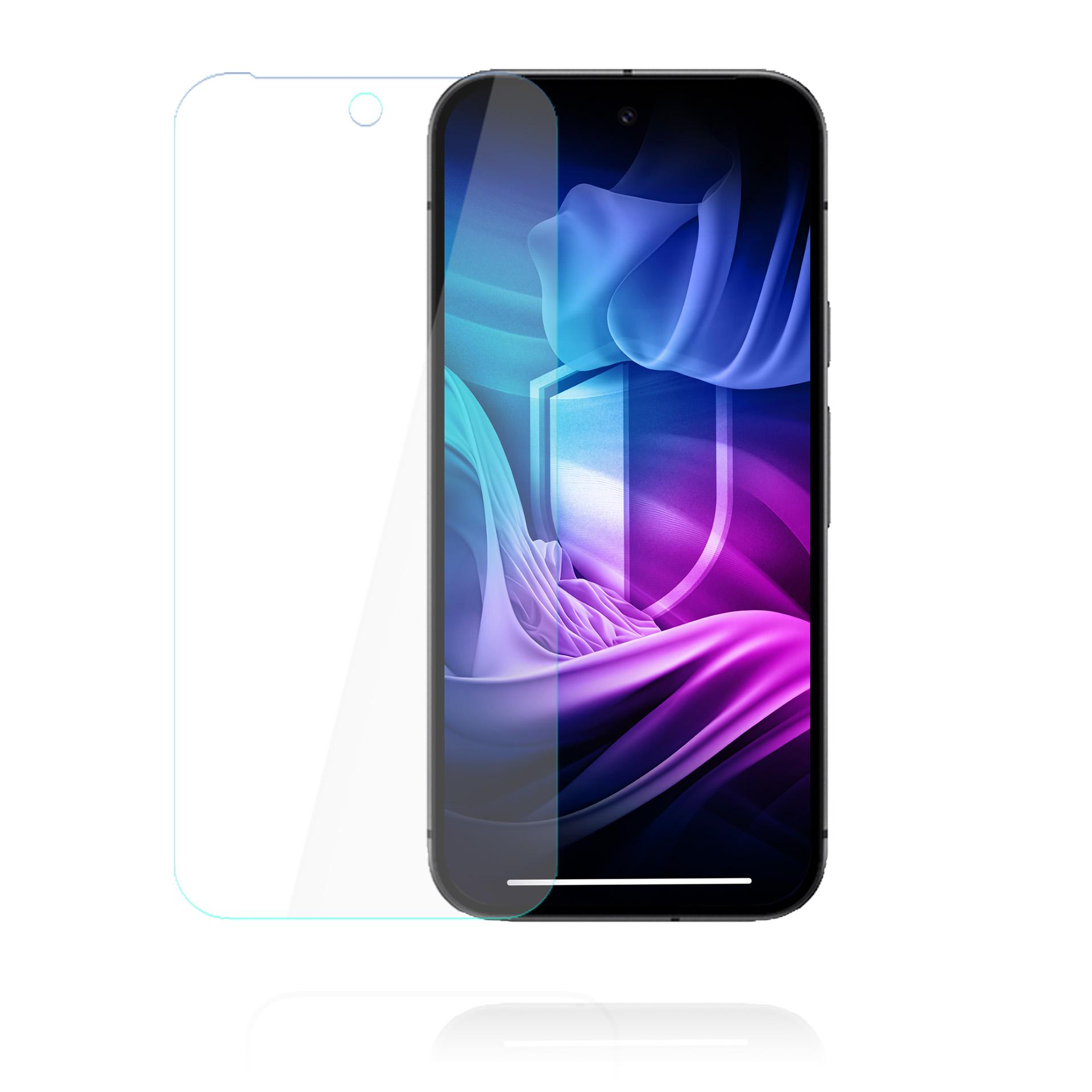 Uno smartphone con una protezione per lo schermo applicata. Lo schermo mostra arte astratta blu e viola.