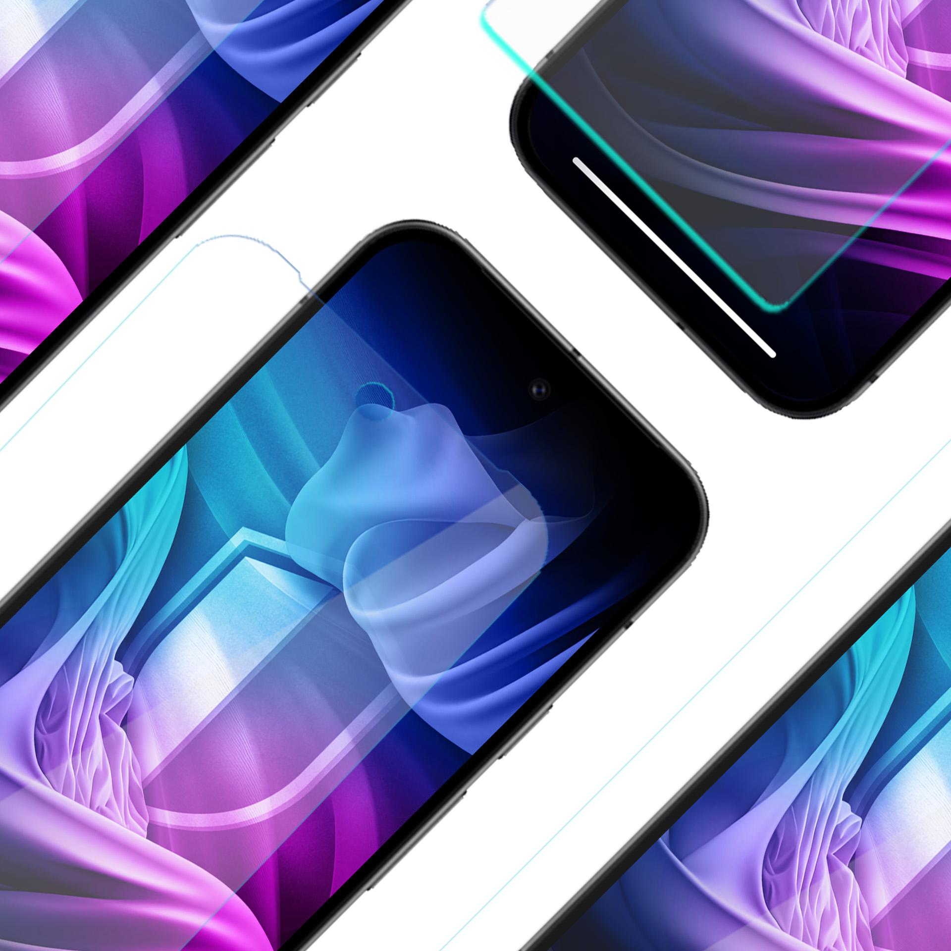 Quattro smartphone con protezioni schermo mostrano disegni astratti blu e viola su sfondo bianco.