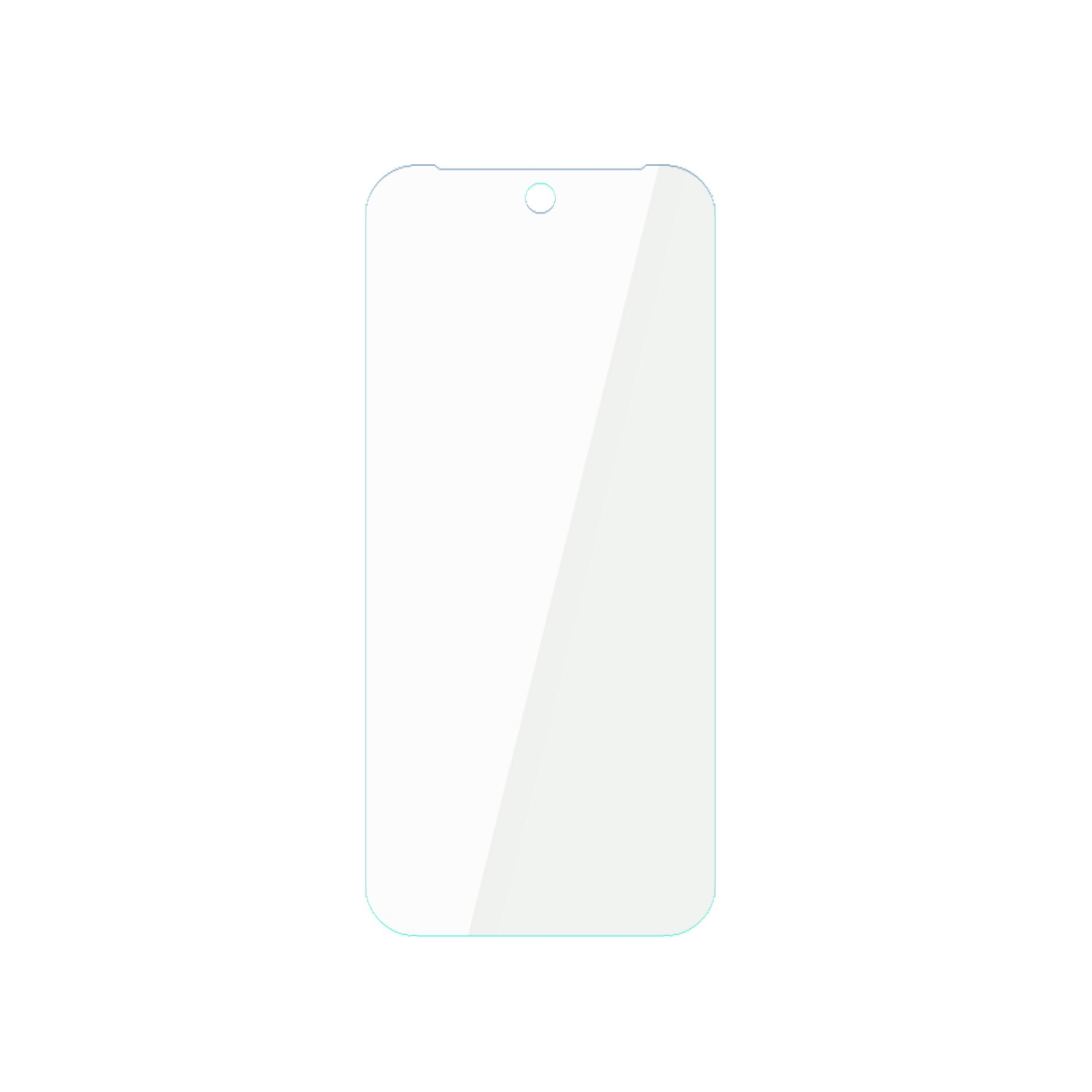 Una protezione schermo trasparente per telefono con angoli arrotondati, un ritaglio per la fotocamera e sfondo bianco.