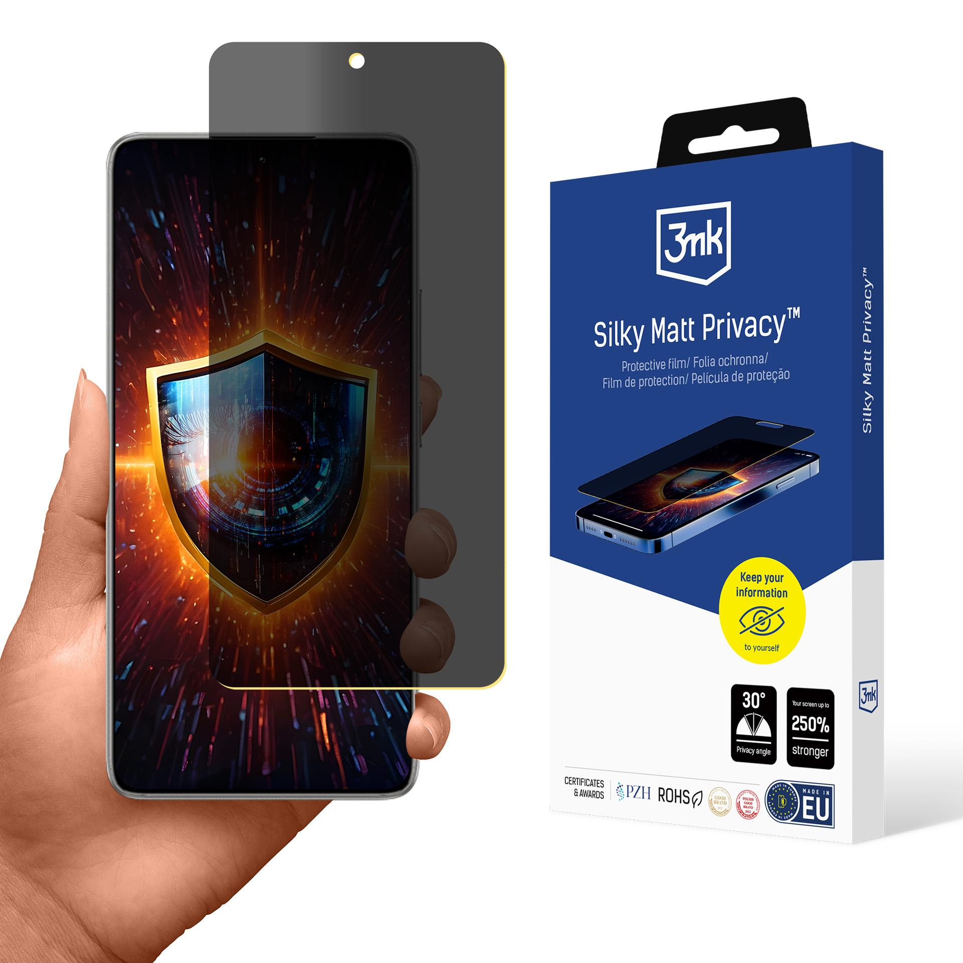 Una mano tiene un telefono con protezione schermo privacy. Scatola mostra le caratteristiche e il marchio '3mk'.