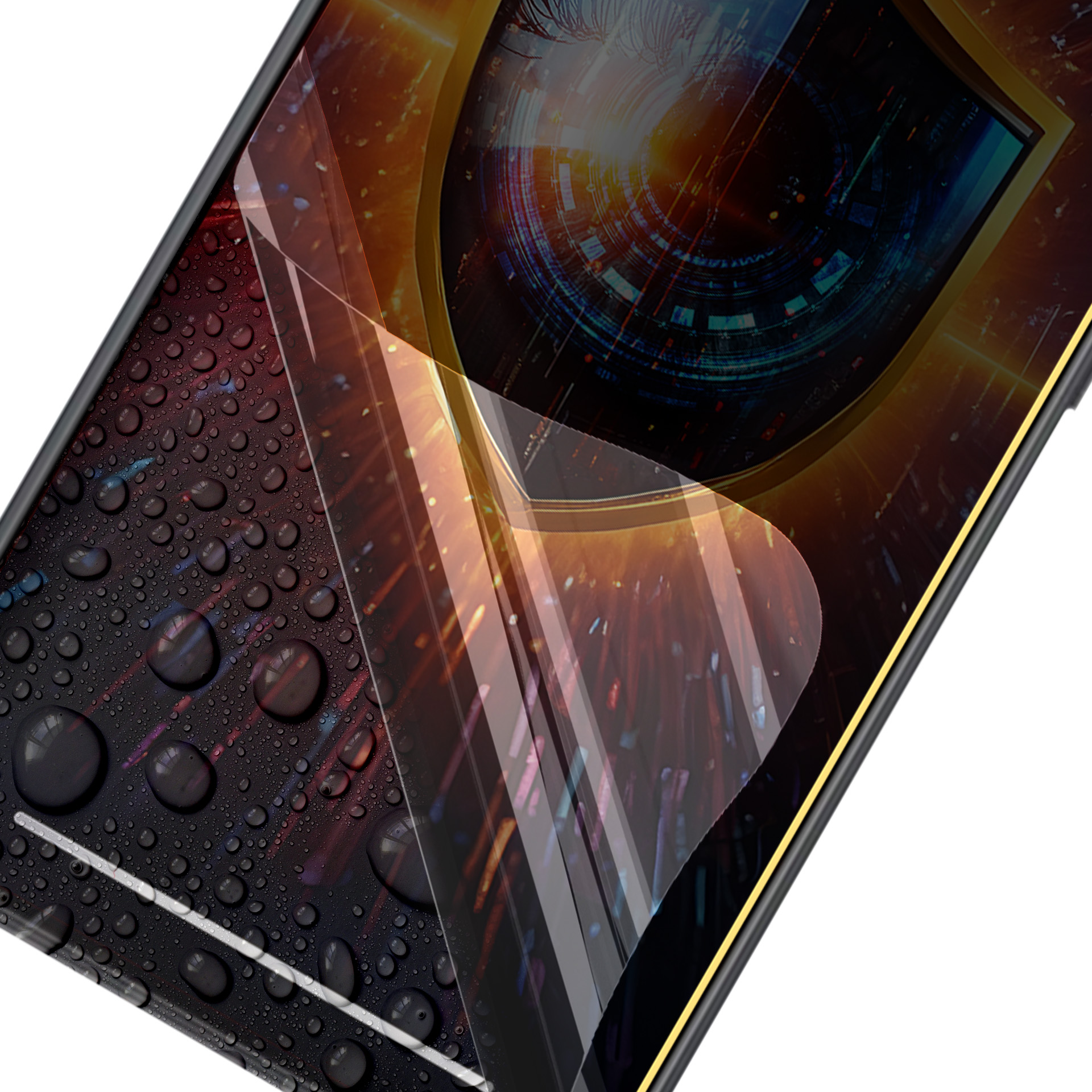 Primo piano di un telefono con protezione schermo. Lo schermo mostra un design astratto digitale. Gocce d'acqua coprono la superficie.