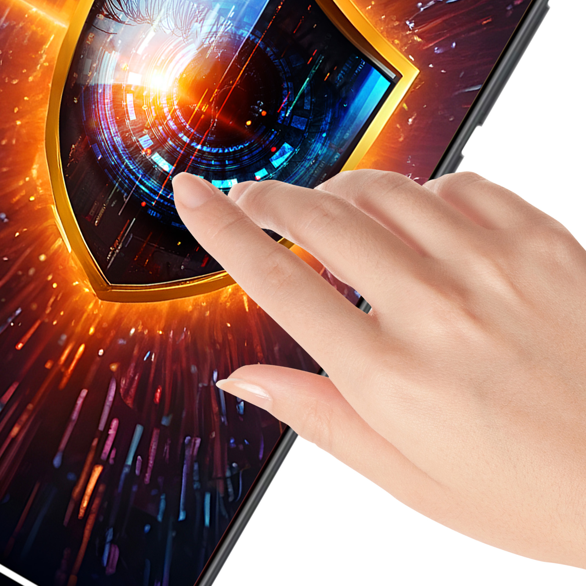 Una mano tocca uno schermo che mostra uno scudo con motivi digitali. Lo sfondo mostra scintille.