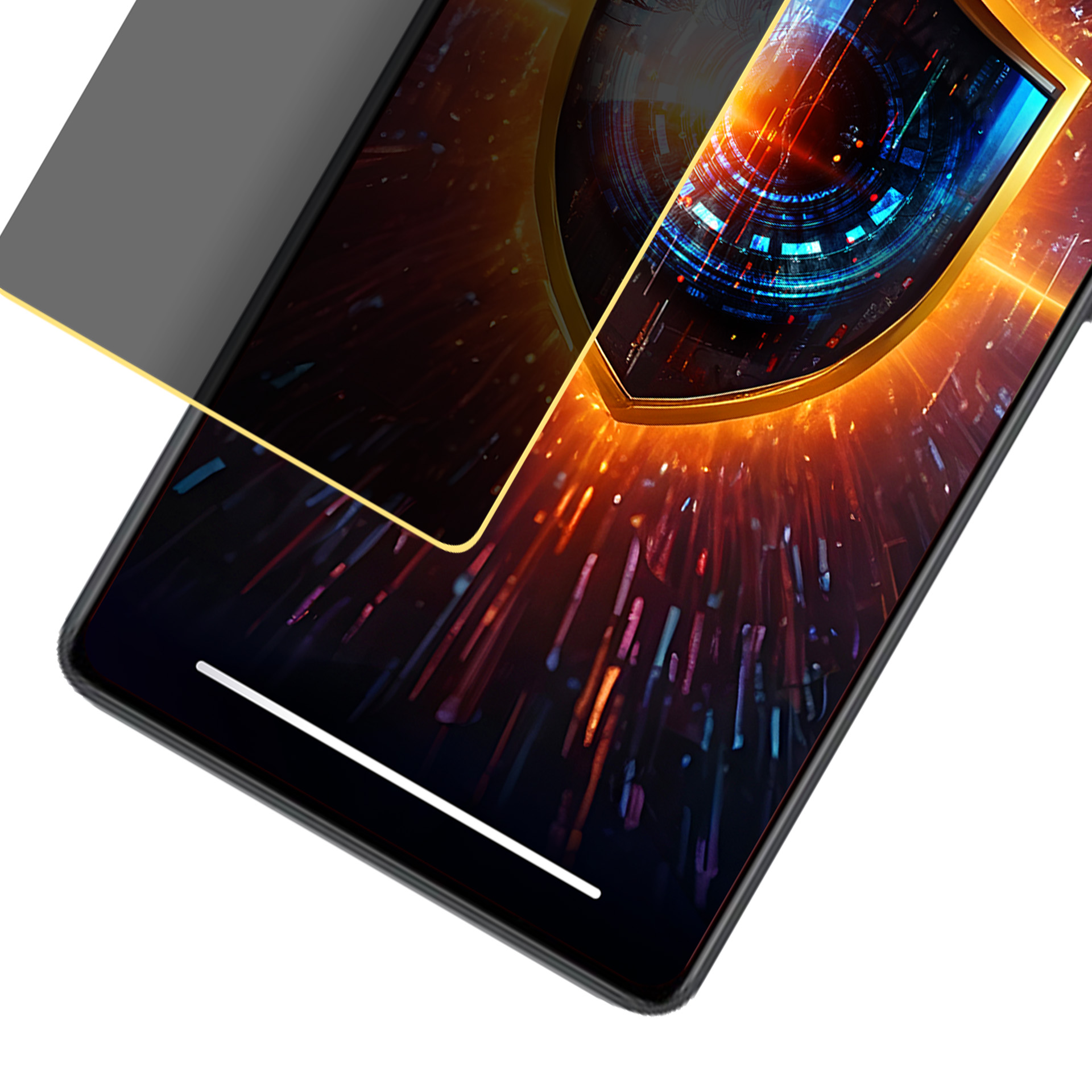 Uno smartphone con protezione schermo mostra un design a scudo digitale. Il telefono è nero con barra inferiore bianca.
