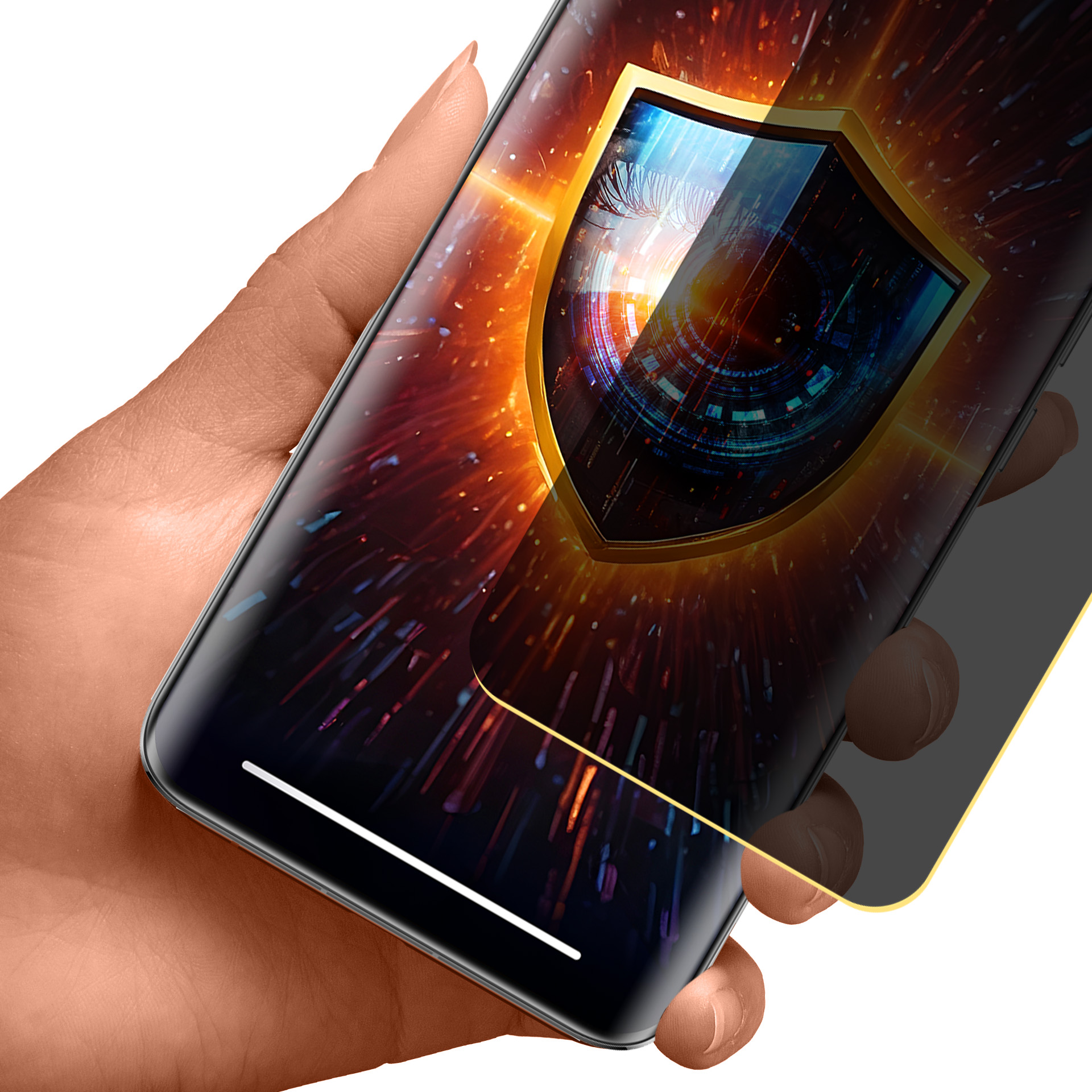 Mano che tiene un telefono con un'icona a scudo. Lo scudo è dorato, con sfondo blu e arancione, che simboleggia la sicurezza.