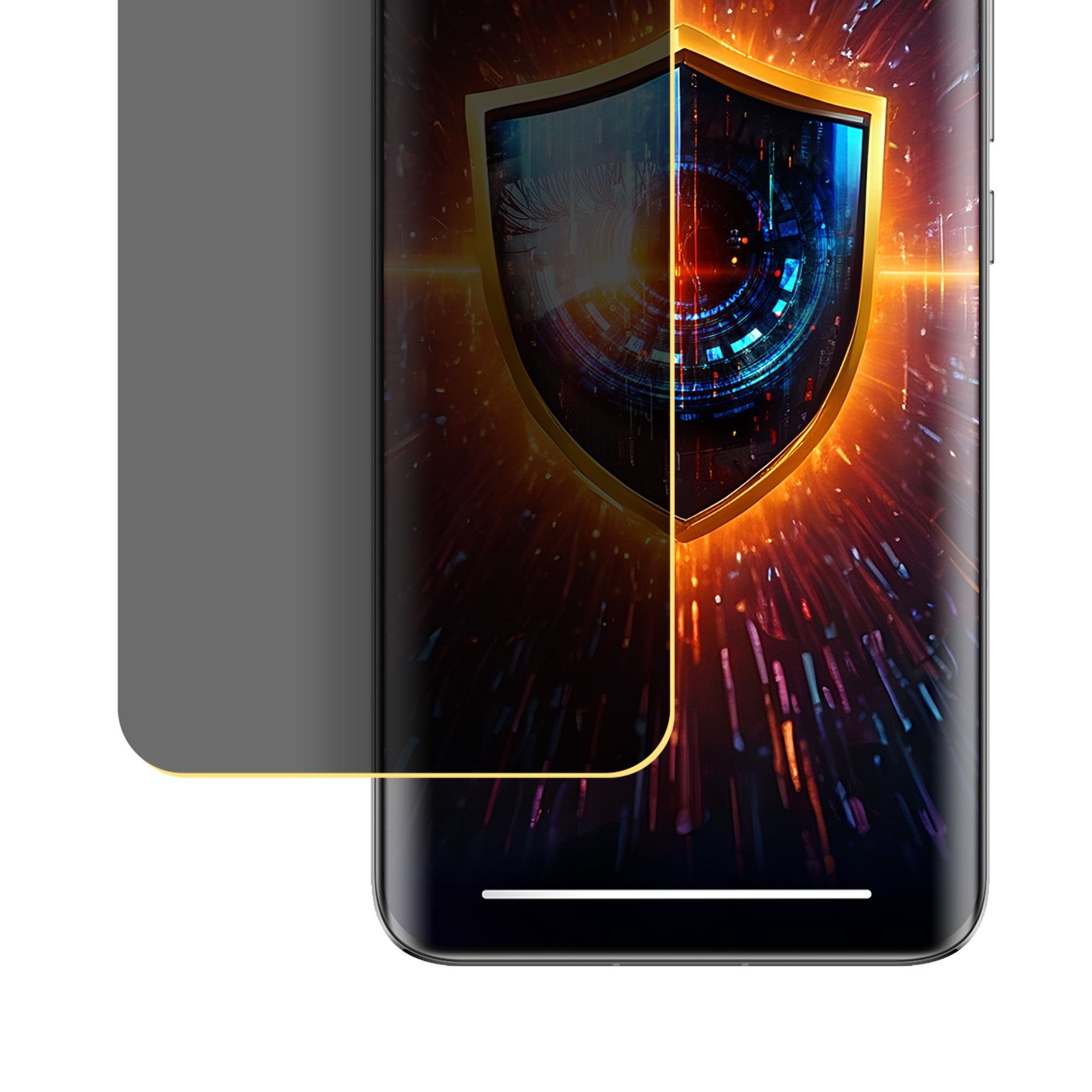 Uno smartphone con protezione schermo, mostra una grafica a scudo. Un bordo dorato circonda lo schermo.