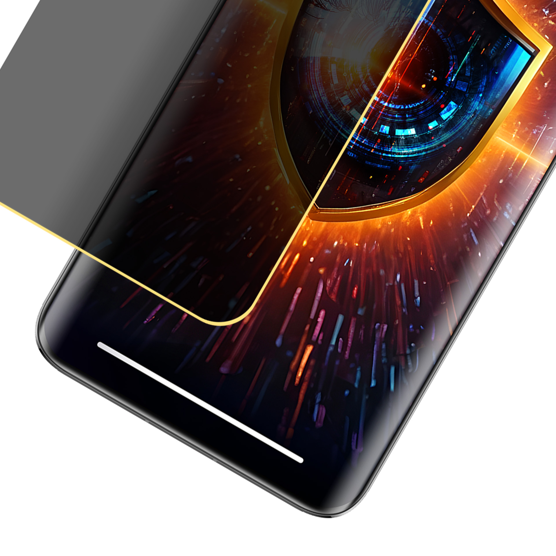 Pellicola protettiva per smartphone con cornice dorata. Lo schermo mostra un'immagine digitale astratta con sfumature blu e arancioni.