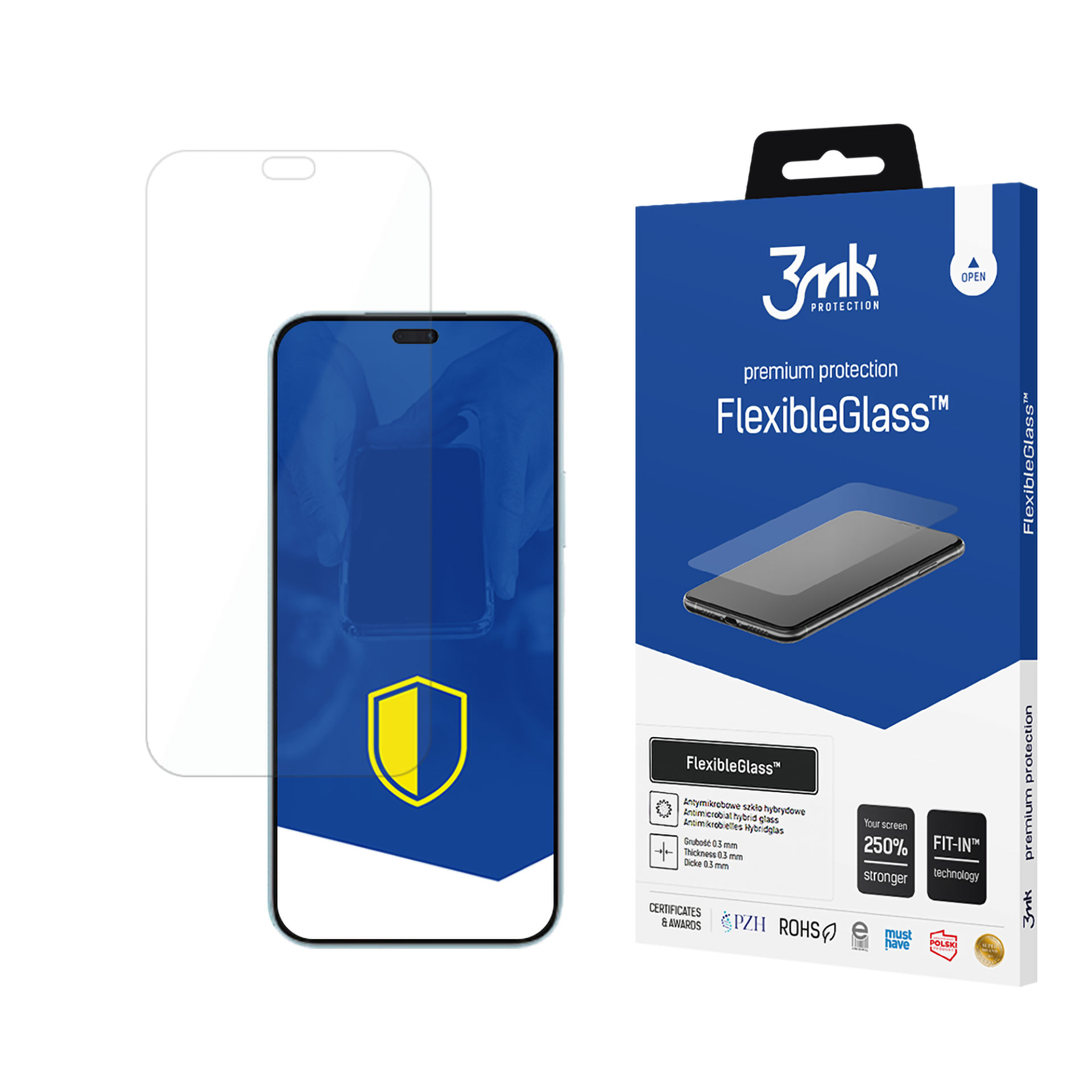 Un telefono con una scatola per la protezione dello schermo. La scatola è blu e ha 'FlexibleGlass'. Il protettore è trasparente.