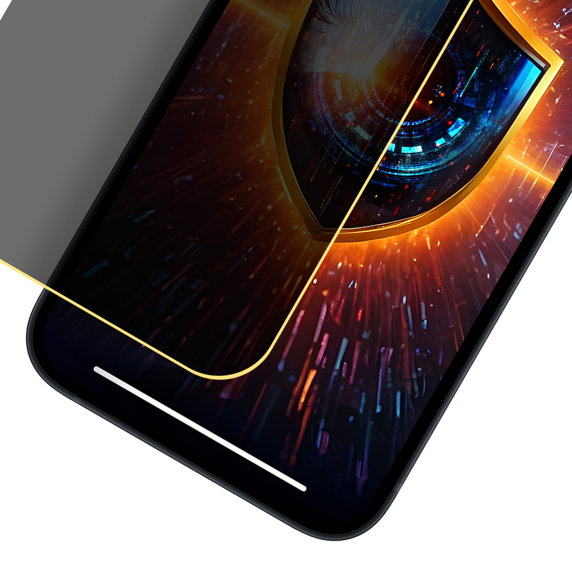 Smartfon wyświetlający cyfrowe oko w złotej tarczy. Tło z świecącymi, kolorowymi liniami.