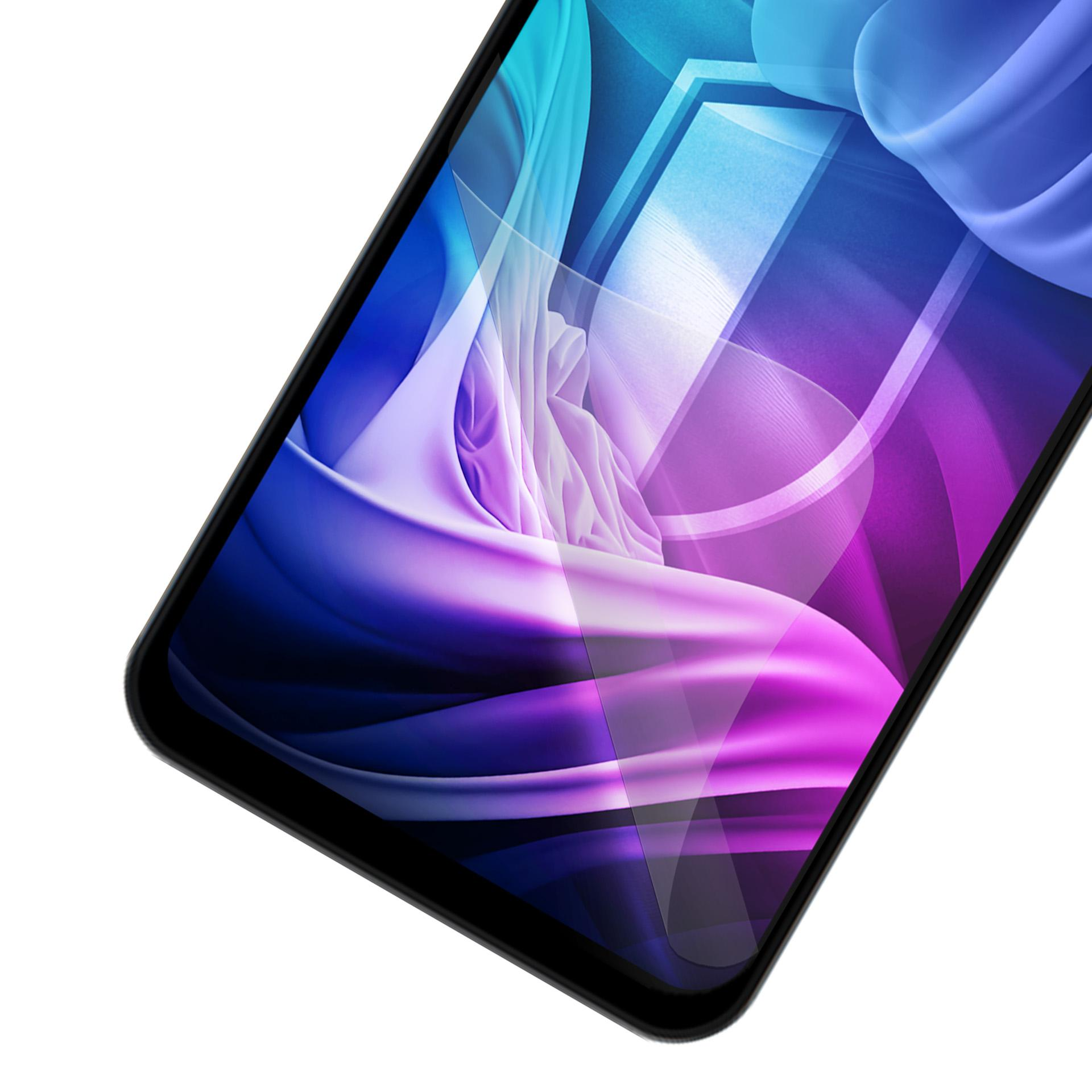 Schermo di smartphone con forme astratte viola, rosa e blu su sfondo bianco. Il telefono ha una cornice nera.