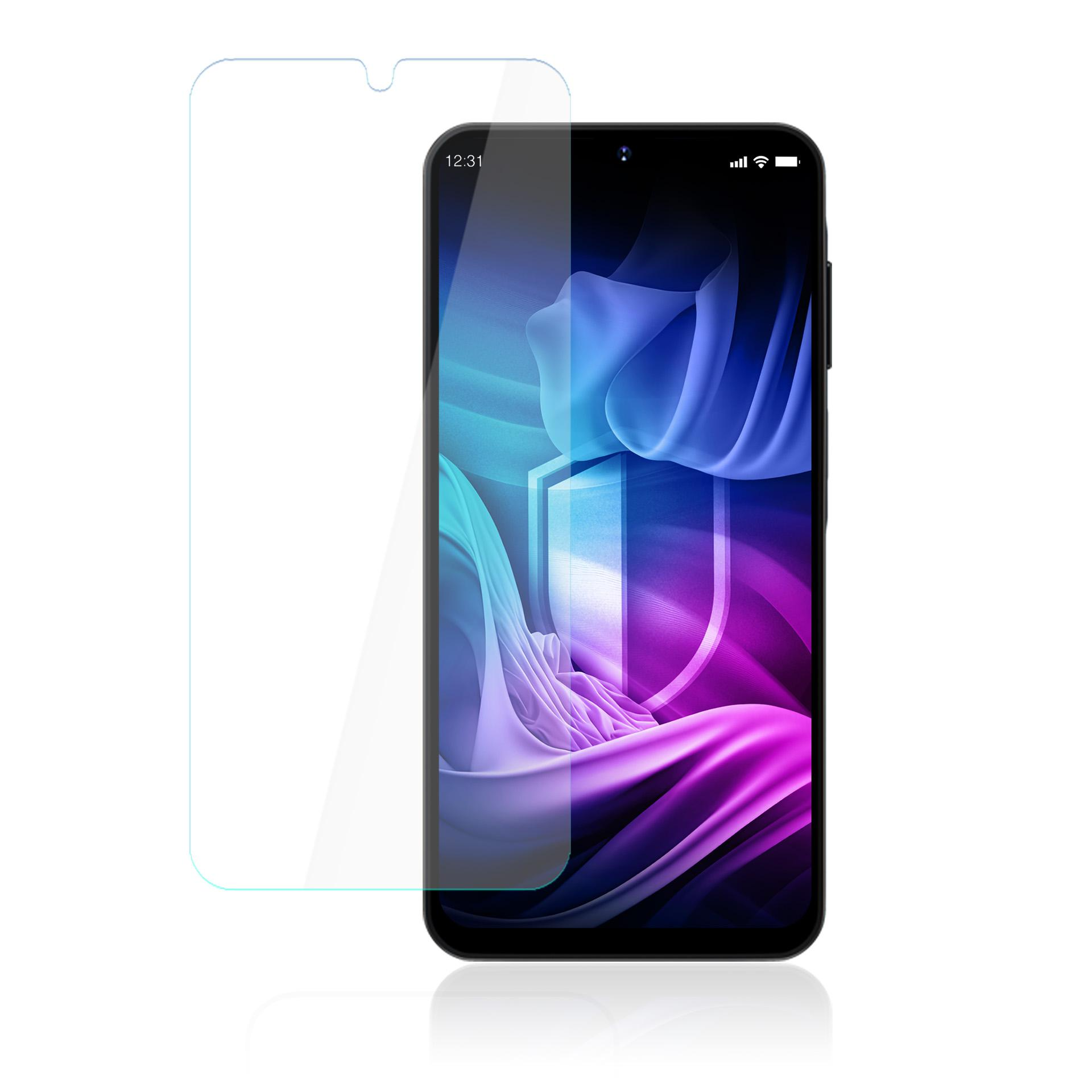 Un telefono con una protezione per lo schermo applicata. Lo schermo mostra un design astratto viola e blu. 12:31 visibile.