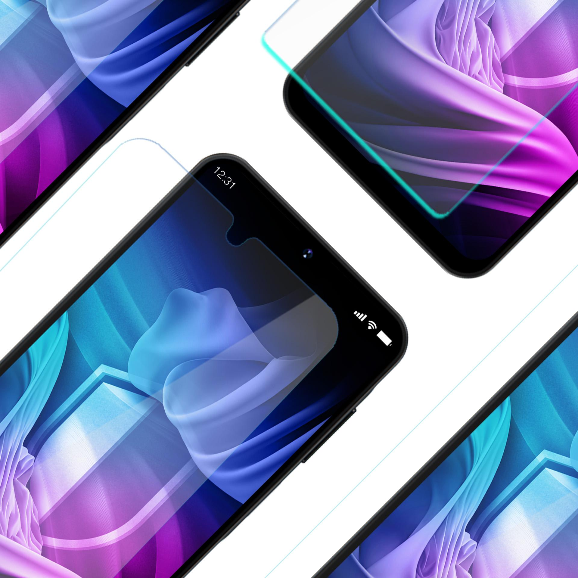 Primo piano di più smartphone con protezioni schermo. Gli schermi mostrano design astratti viola e blu. L'ora è 12:31.