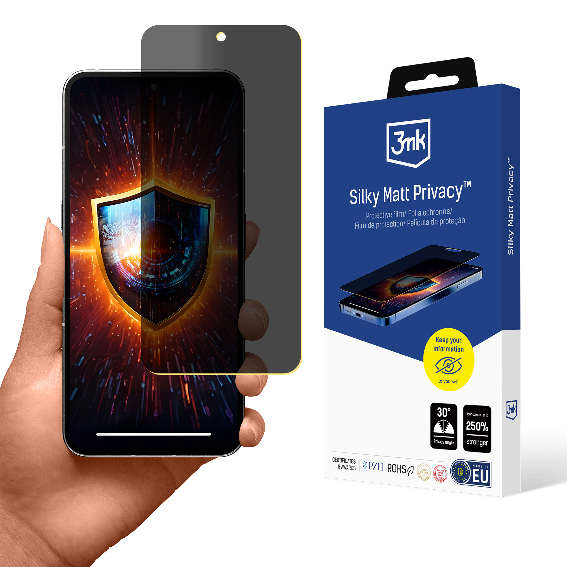 Mano che tiene il telefono con schermo privacy. Una scatola a destra pubblicizza il prodotto. Lo schermo mostra uno scudo.