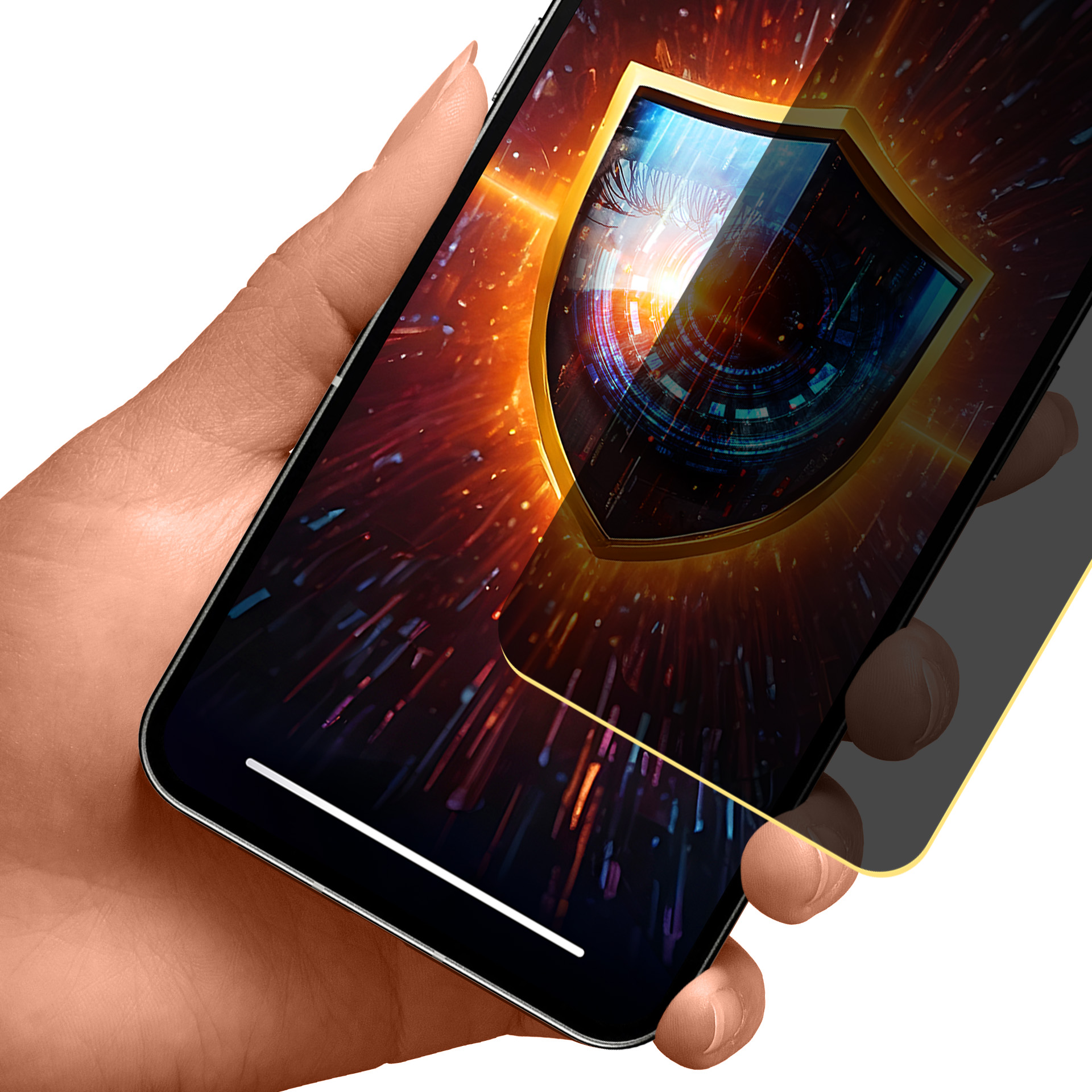 Mano che tiene un telefono. Lo schermo mostra uno scudo dorato con un design digitale. Lo sfondo ha tonalità rosse e arancioni.