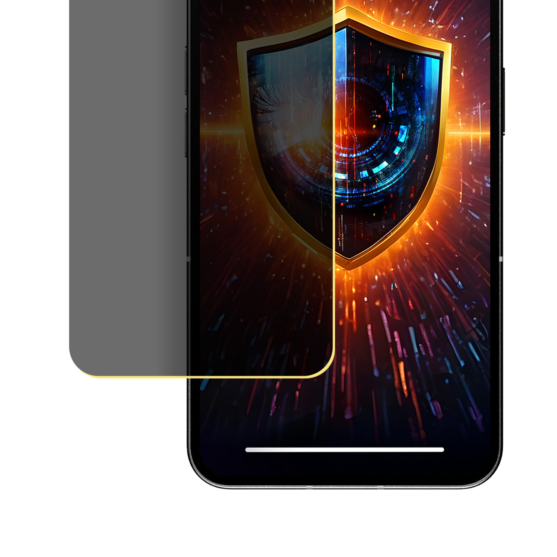 Schermo di smartphone con icona a scudo. Lo schermo ha un filtro privacy. Lo sfondo è luminoso e ha un design tecnologico.