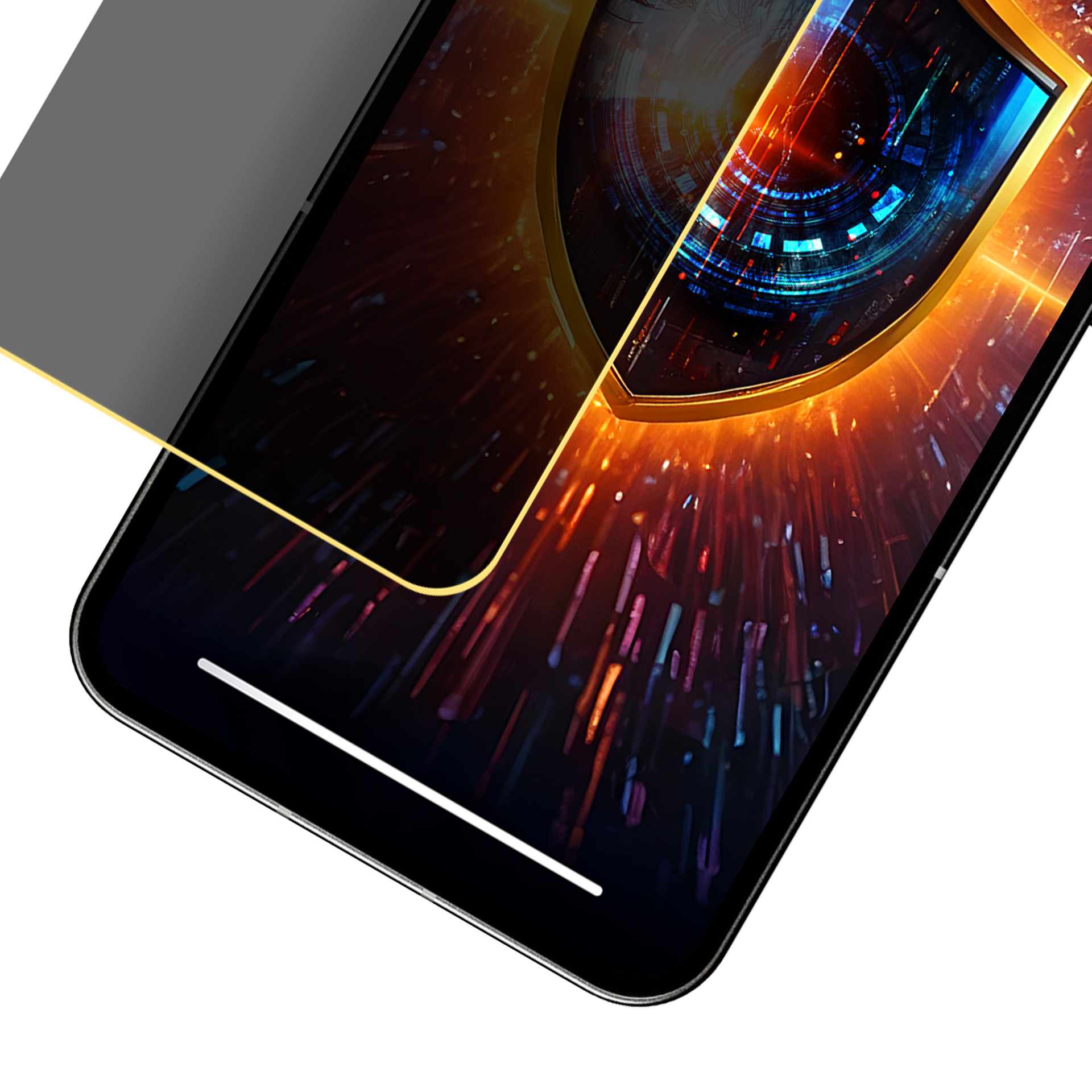Lo schermo di uno smartphone mostra un design futuristico a scudo con dettagli dorati, sovrapposto da uno schermo privacy.