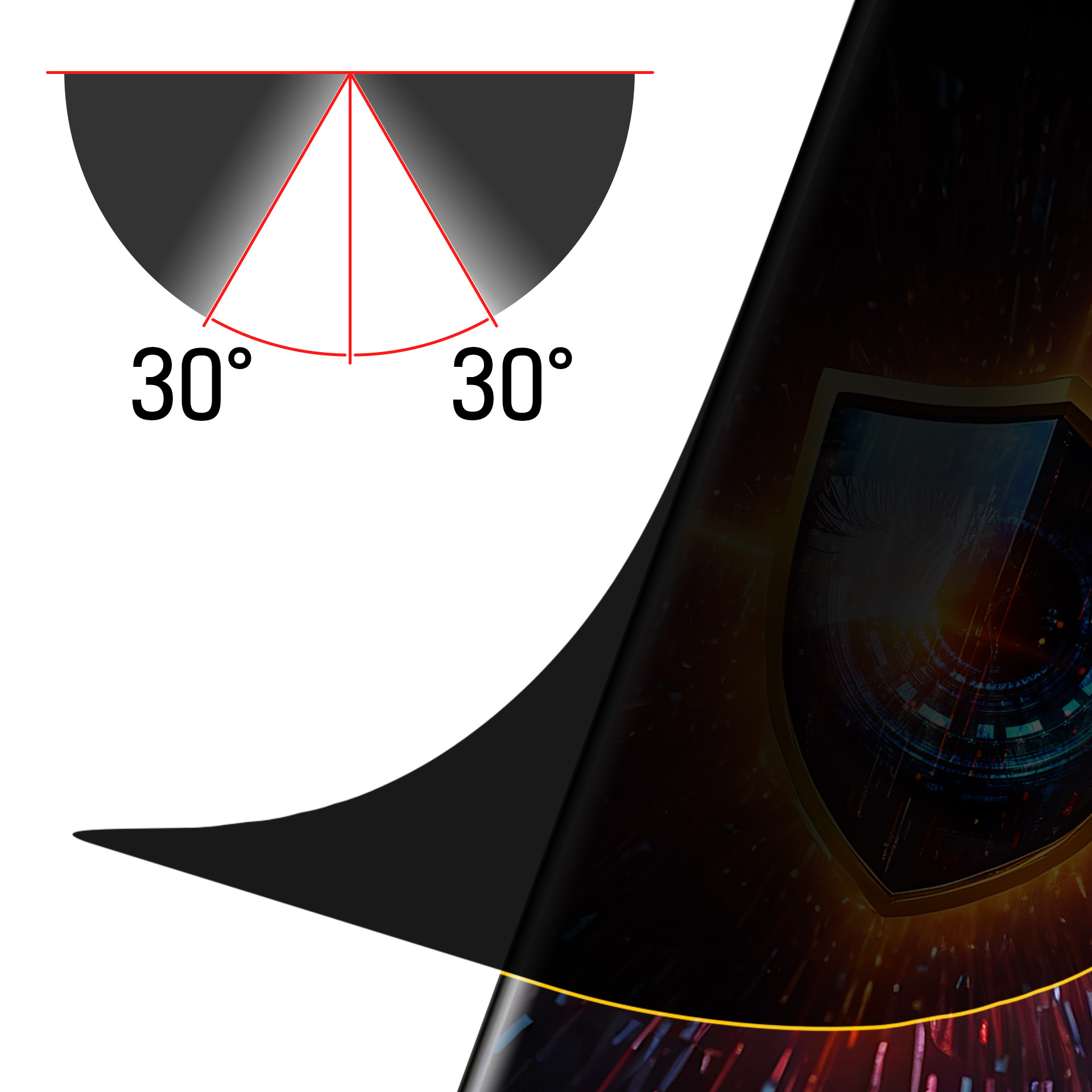 Diagramma che illustra angoli di 30 gradi, una forma curva nera e un design digitale dell'occhio sullo sfondo.