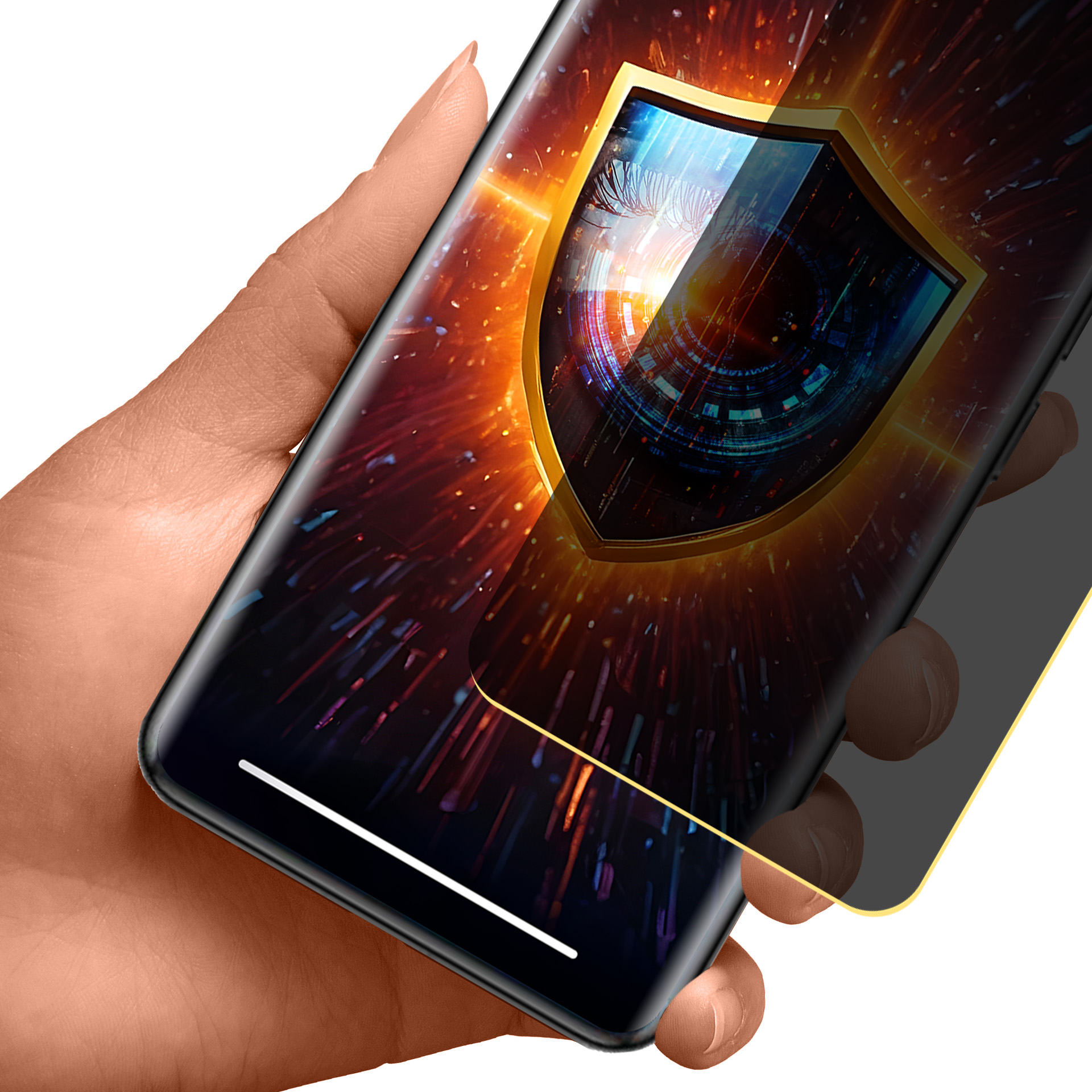 Mano che tiene un telefono che mostra uno scudo. Lo scudo ha bordi dorati e un design tecnologico. Lo sfondo è un'esplosione di luce.
