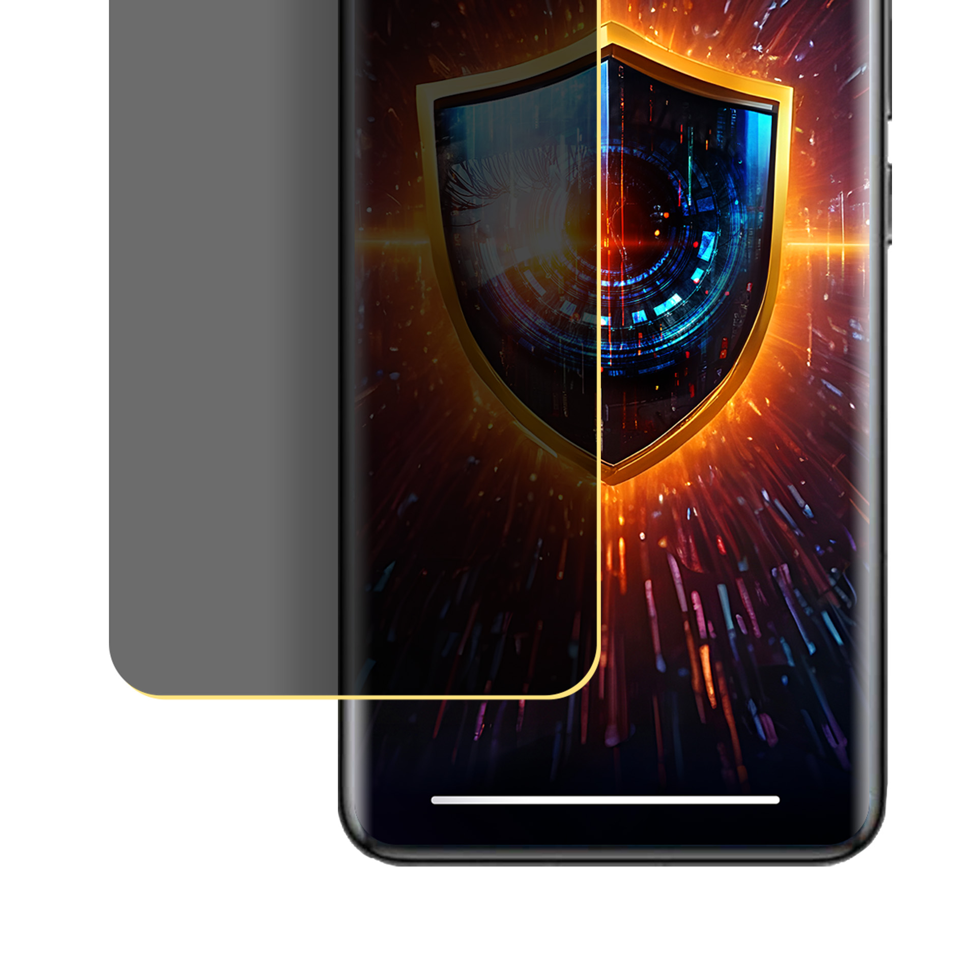 Smartphone con protezione schermo. Grafica a scudo sullo schermo, sfondo infuocato. La protezione è grigio scuro.