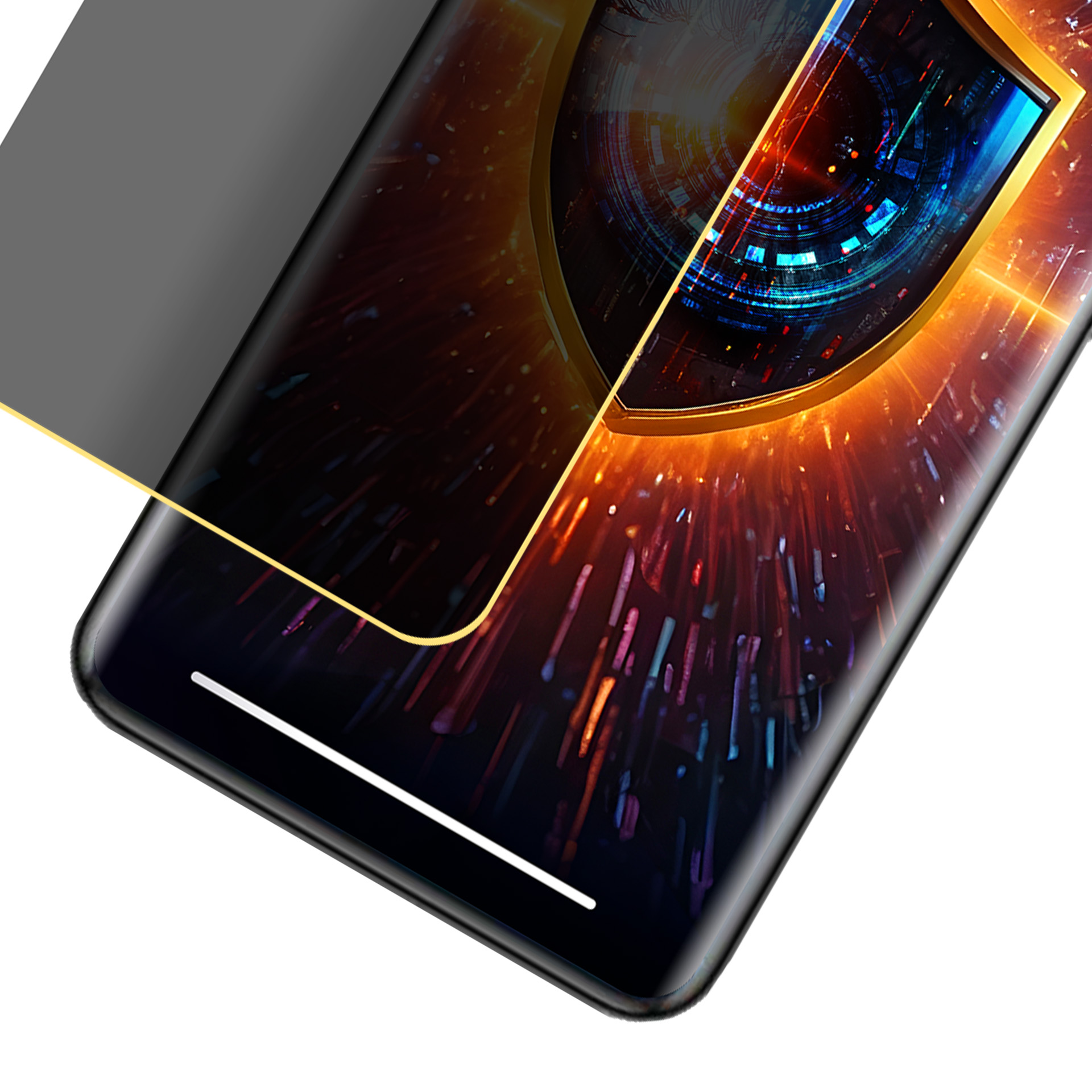 Uno smartphone con una protezione schermo sovrapposta. Lo schermo mostra un design astratto e luminoso a forma di scudo.