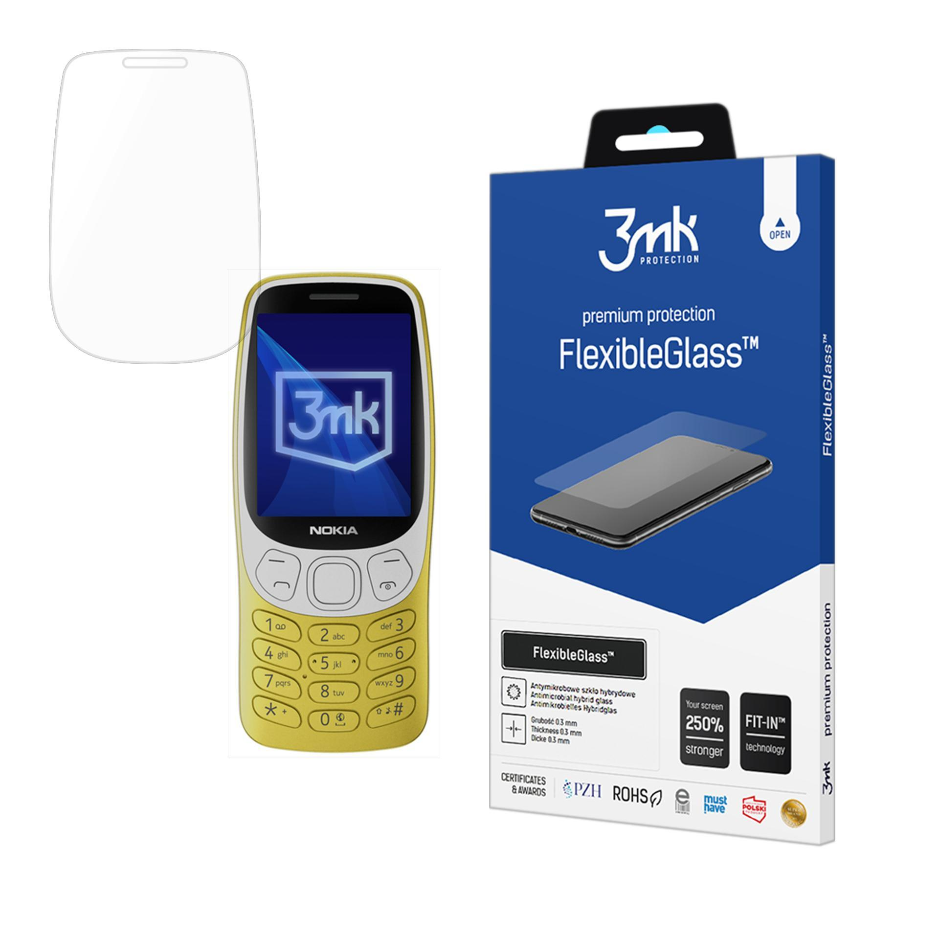Un telefono Nokia giallo, una protezione per lo schermo e una scatola blu con la scritta 'FlexibleGlass' sono esposti.
