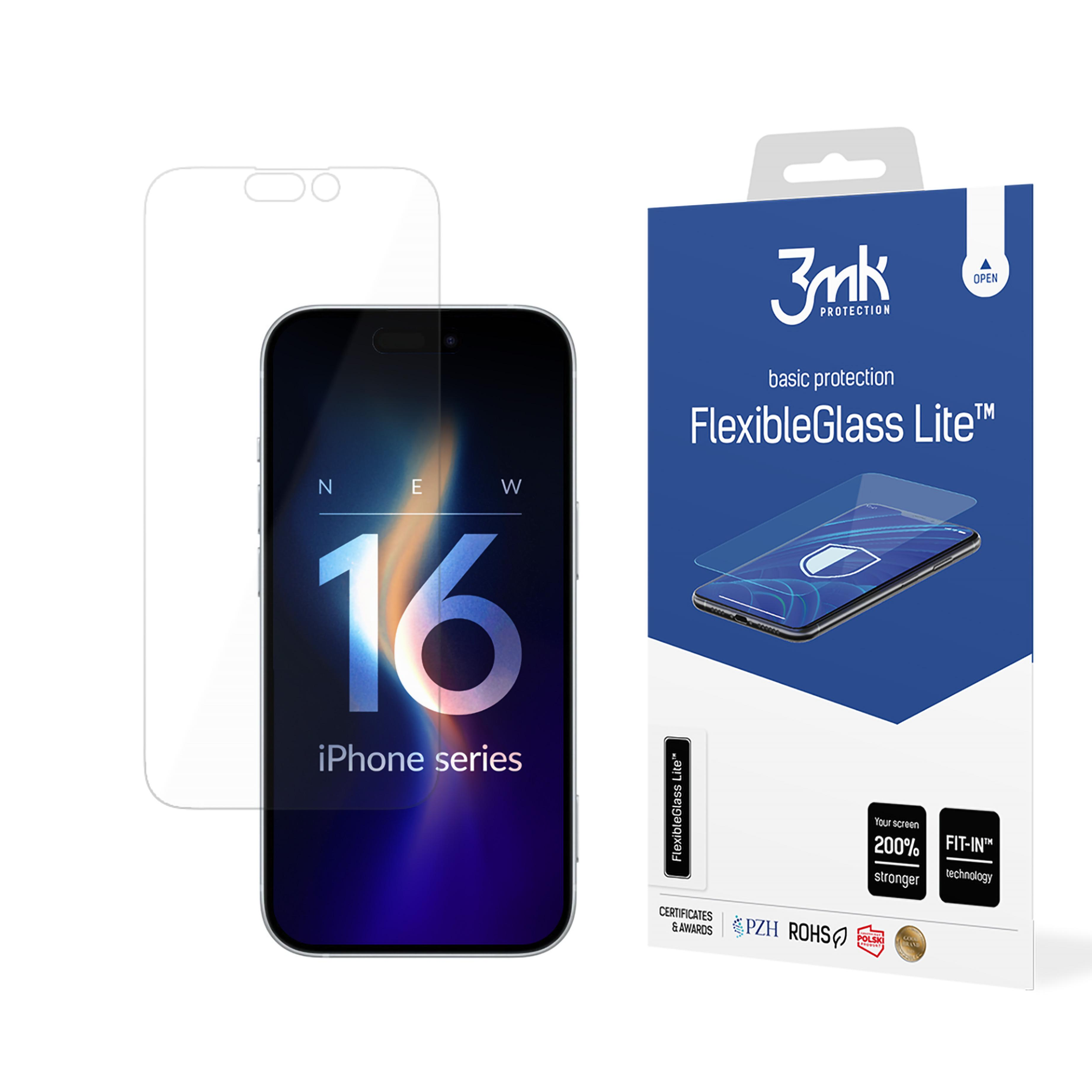 Un iPhone 16, una protezione schermo e una confezione. La confezione recita FlexibleGlass Lite, basic protection.
