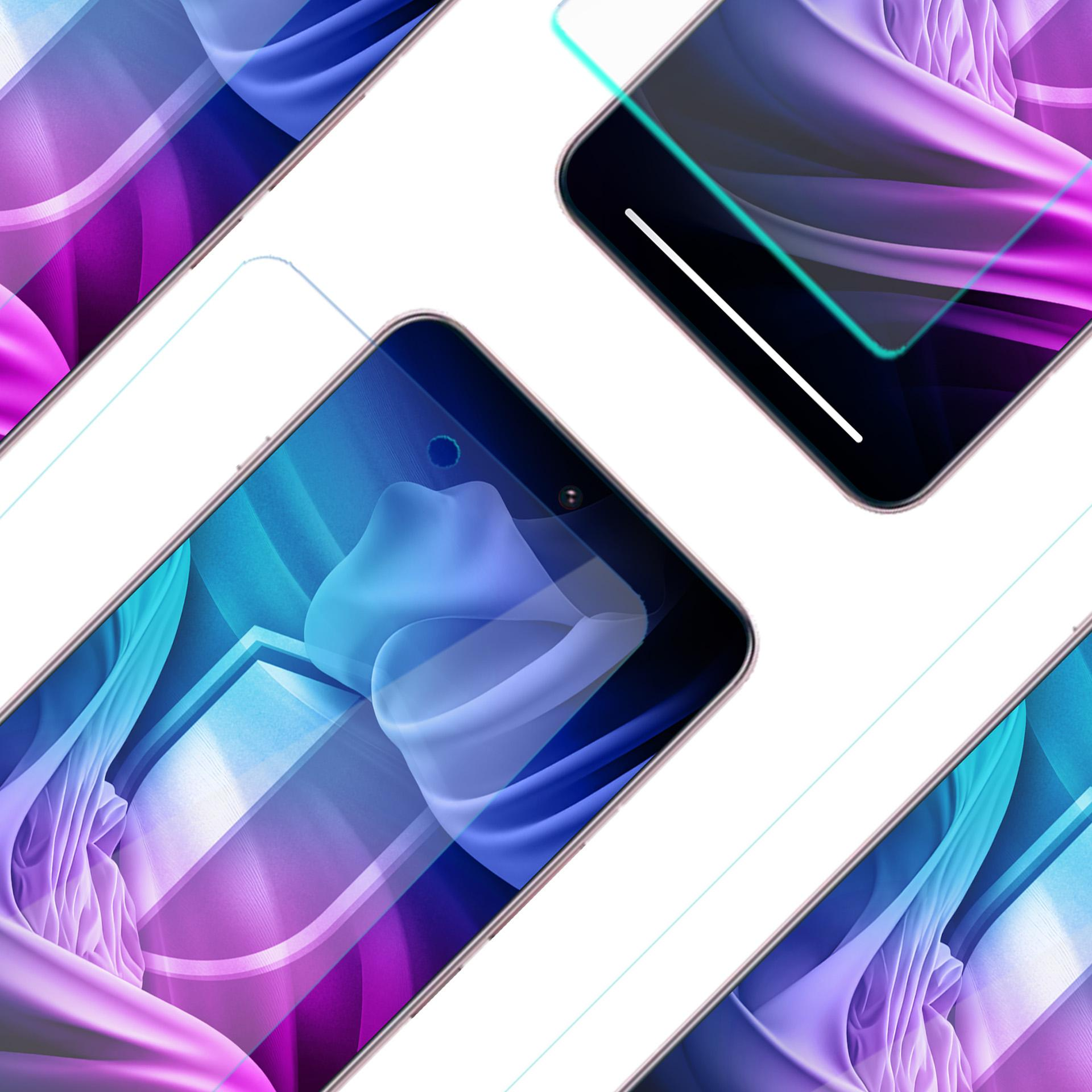 Diversi smartphone sono disposti diagonalmente. Mostrano un design astratto e colorato, con uno sfondo bianco. Alcuni hanno protezioni schermo.