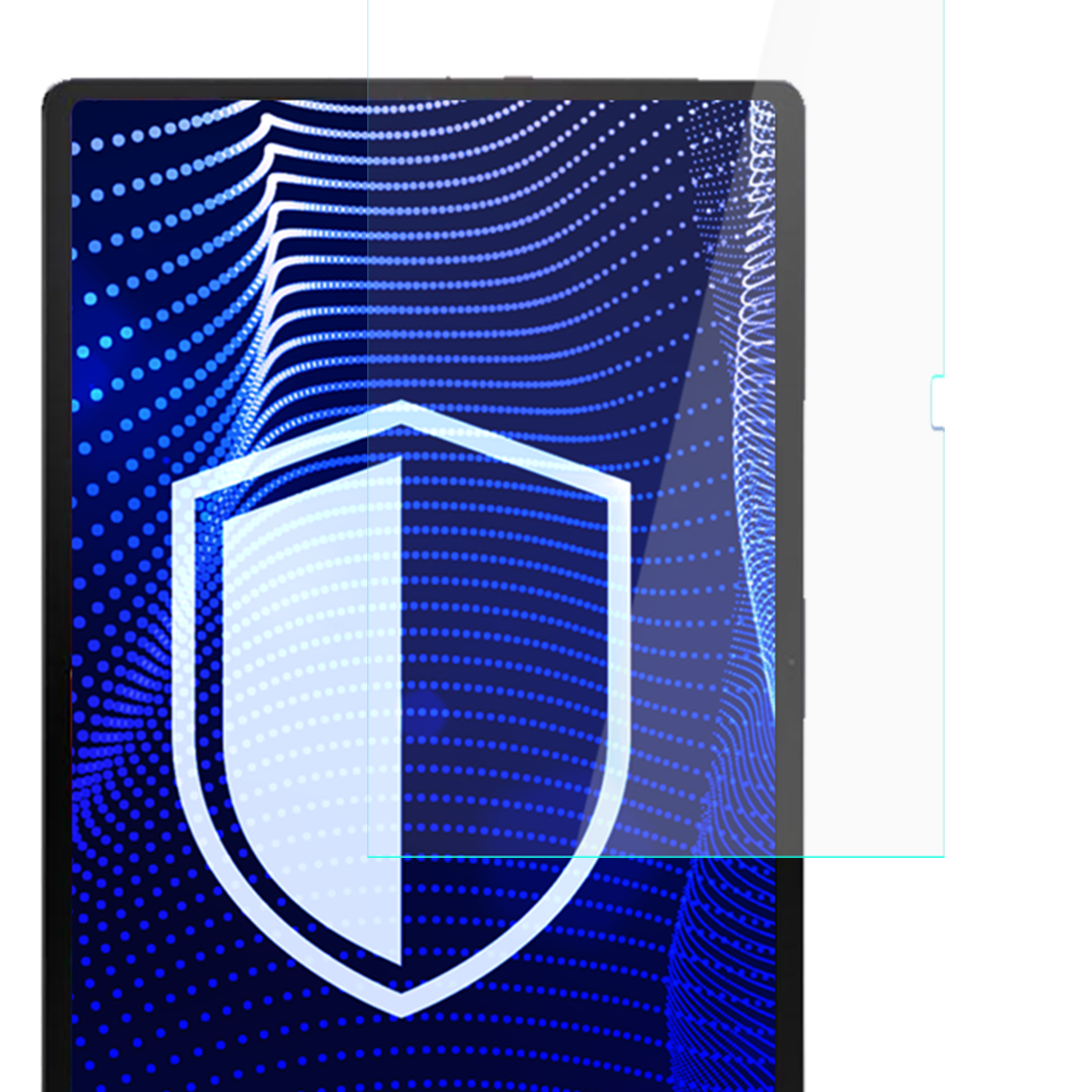 Tablet z nałożoną osłoną ekranu. Ekran wyświetla niebieski, kropkowany wzór z białą ikoną tarczy.