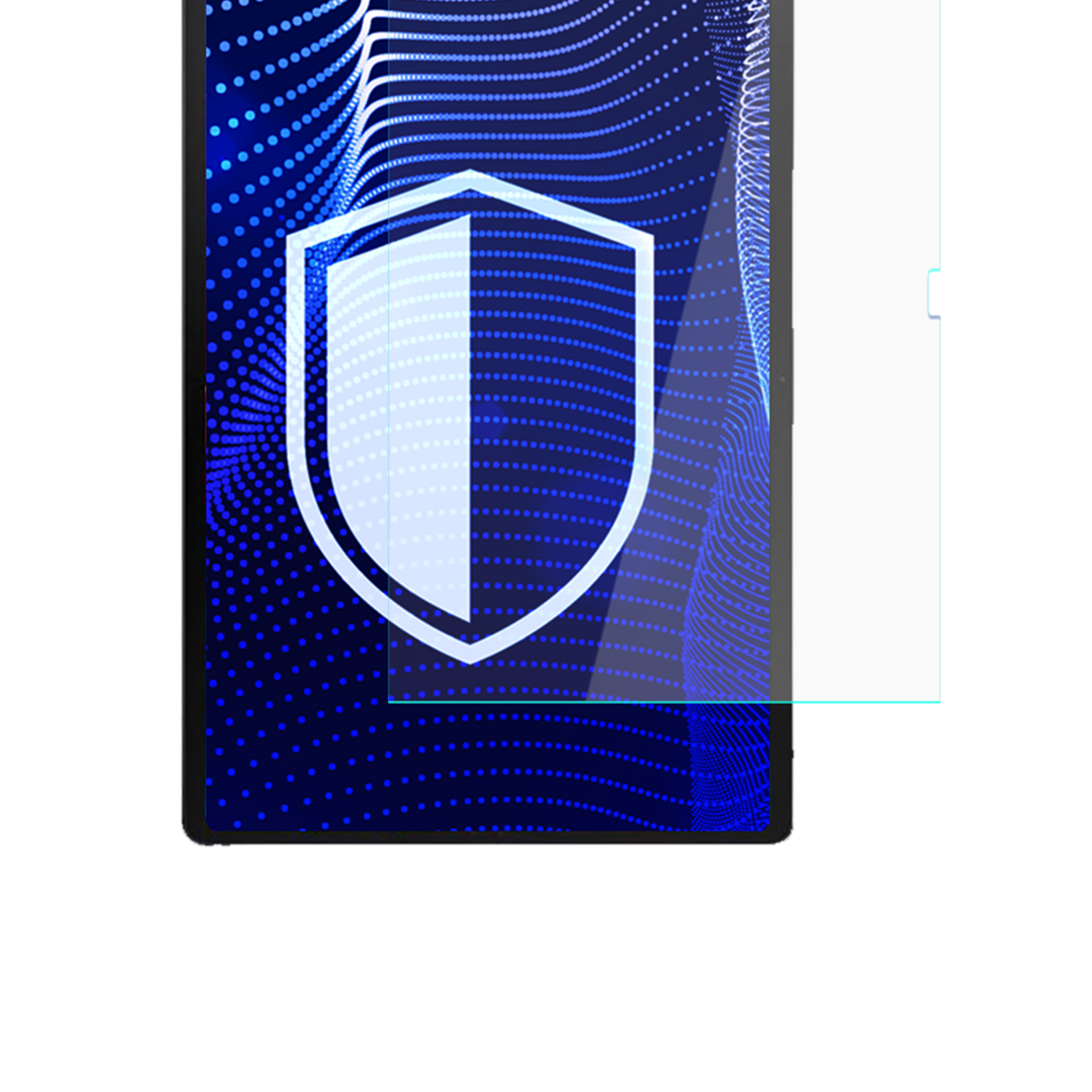 Tablet z osłoną ekranu, wyświetlający ikonę tarczy na niebieskim, kropkowanym tle.