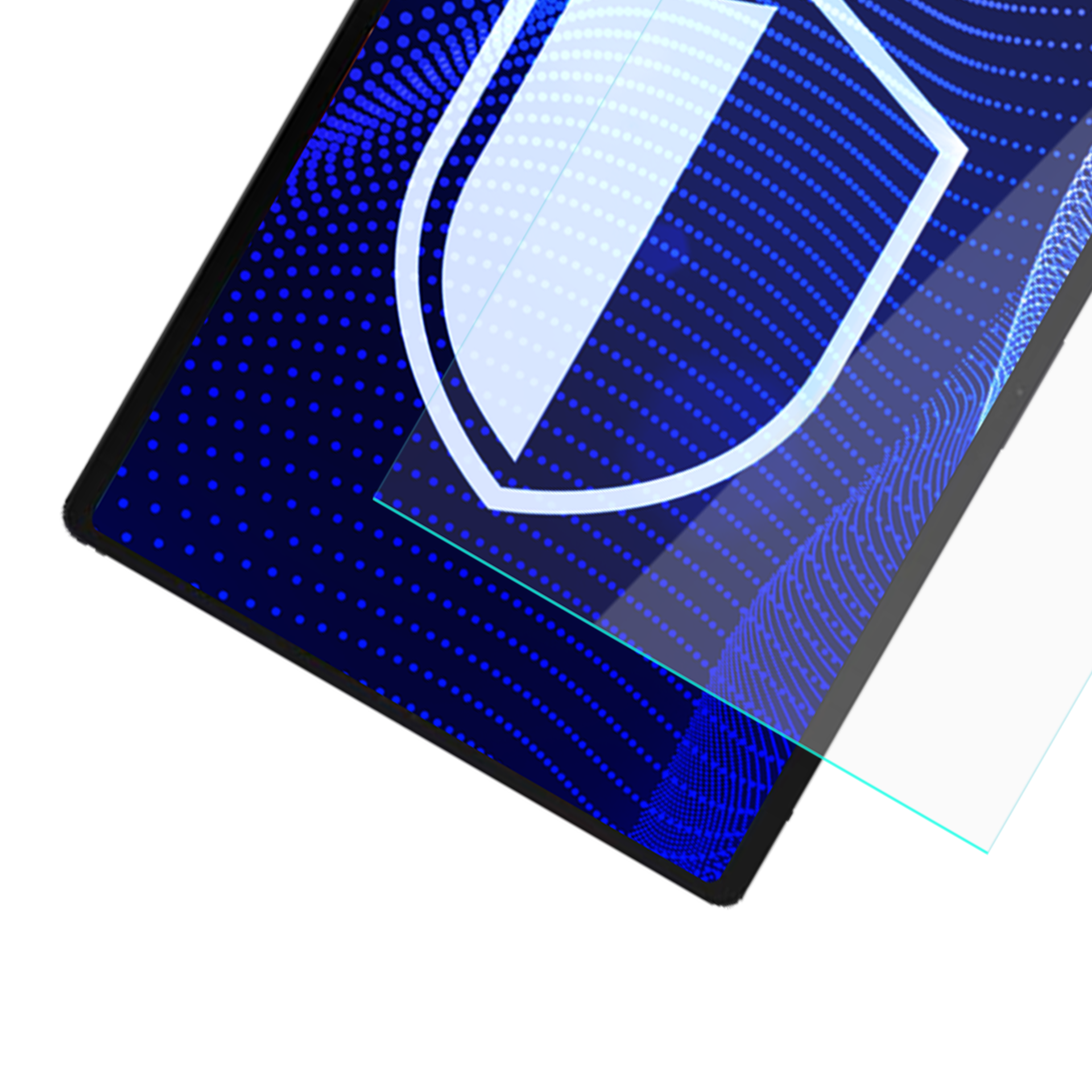 Tablet z niebieskim wzorem w kropki i ikoną tarczy na ekranie. Zastosowano folię ochronną na ekran.