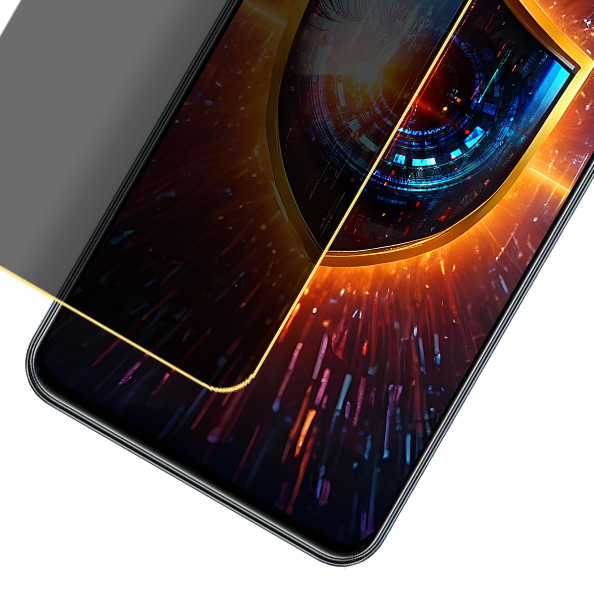 Ekran smartfona wyświetla cyfrowy design. Ekran prywatności częściowo go zakrywa. Złote linie podkreślają design.