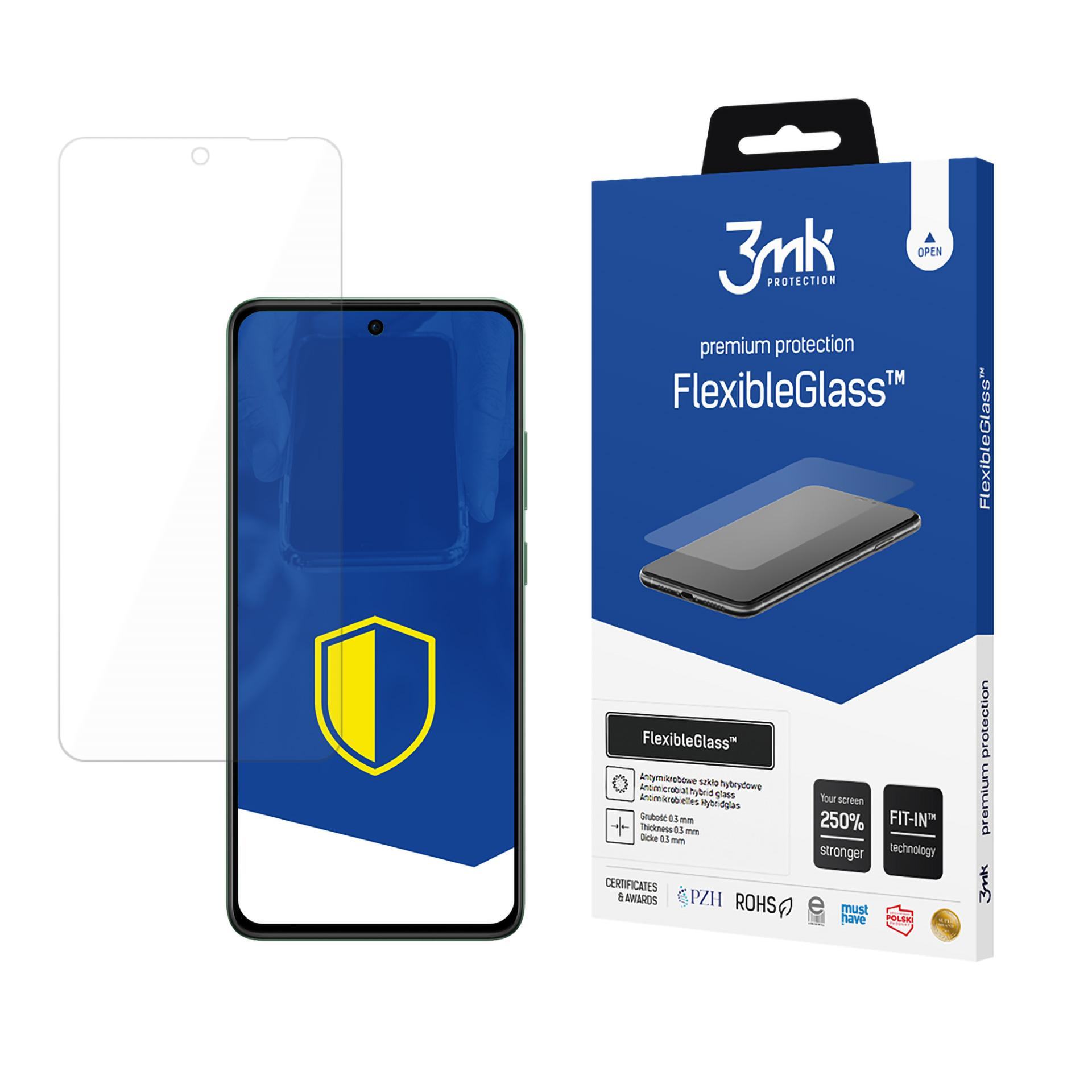 Un telefono con una protezione per lo schermo e una scatola di FlexibleGlass. La scatola è blu con il marchio 3mk.