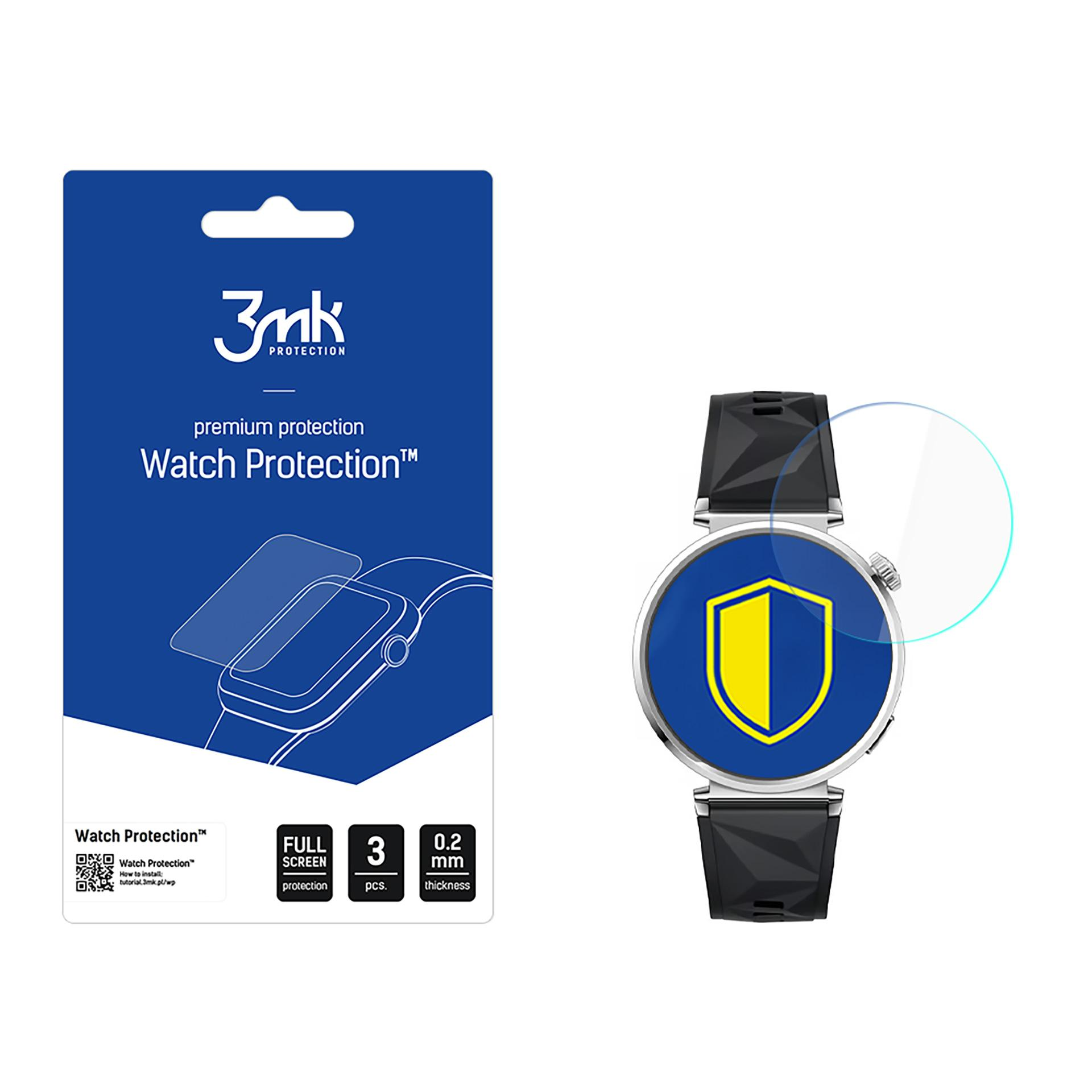 Una confezione blu con protezione per orologio. Un orologio con uno scudo giallo a destra. La confezione ha il logo e i dettagli.