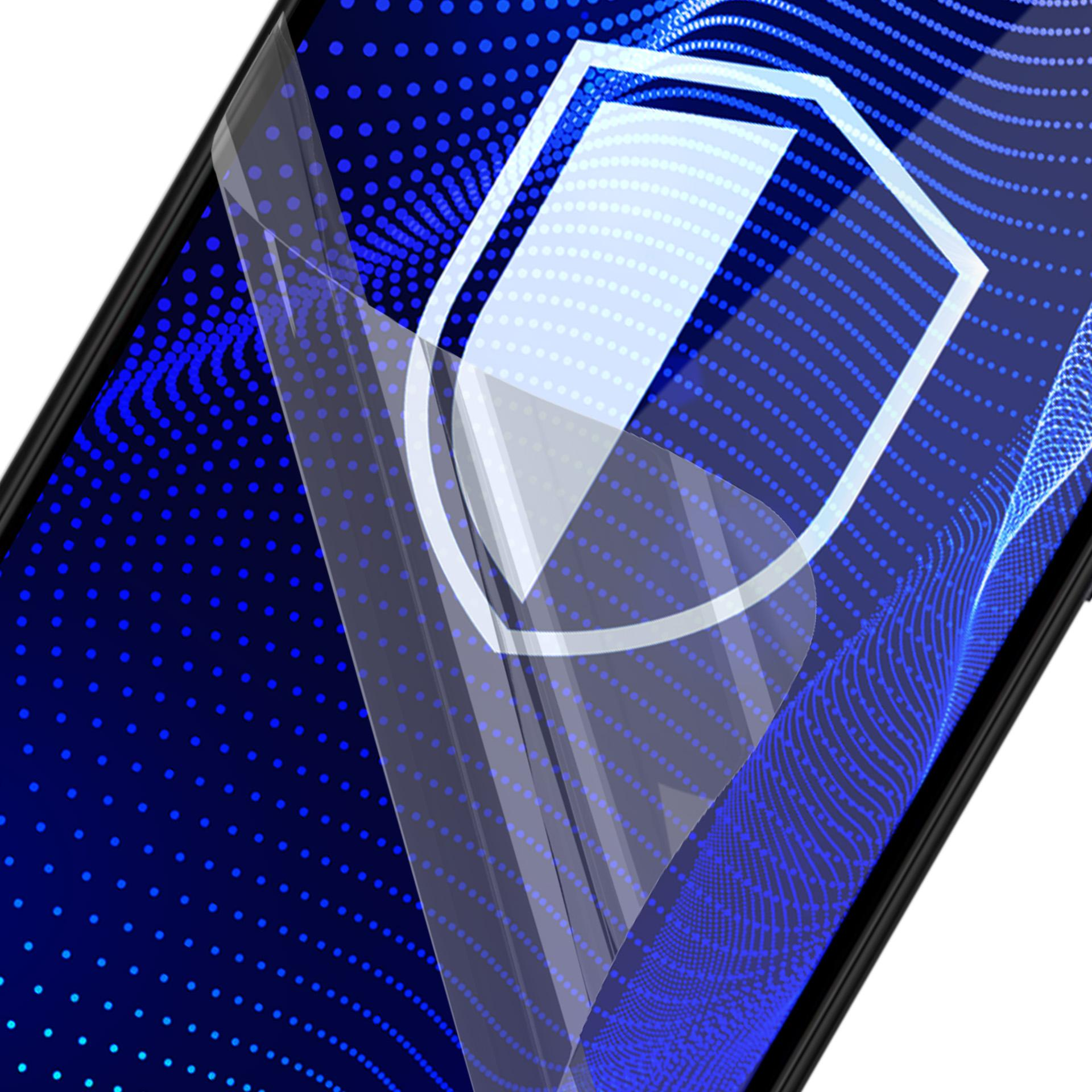 Schermo del telefono con icona scudo. Si sta applicando una protezione per lo schermo. Lo sfondo ha punti e linee blu.