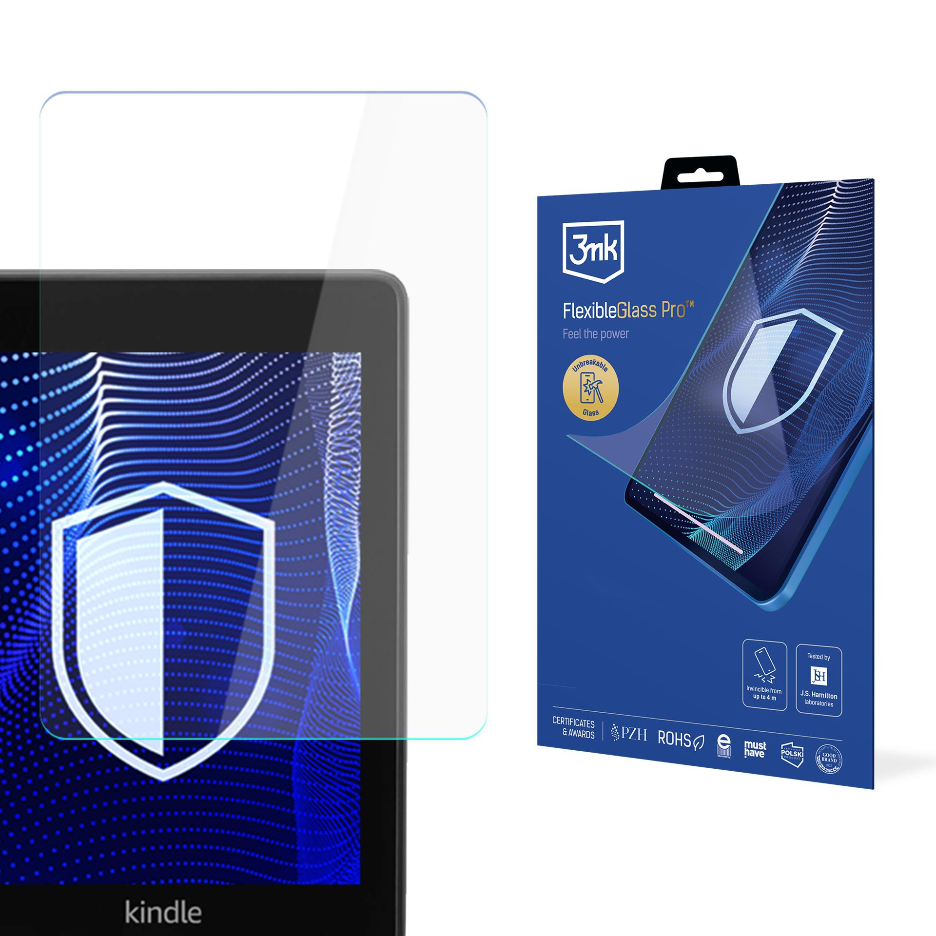 Kindle z ochraniaczem ekranu i pudełko 3mk FlexibleGlass Pro. Pudełko jest niebieskie z informacjami o produkcie.
