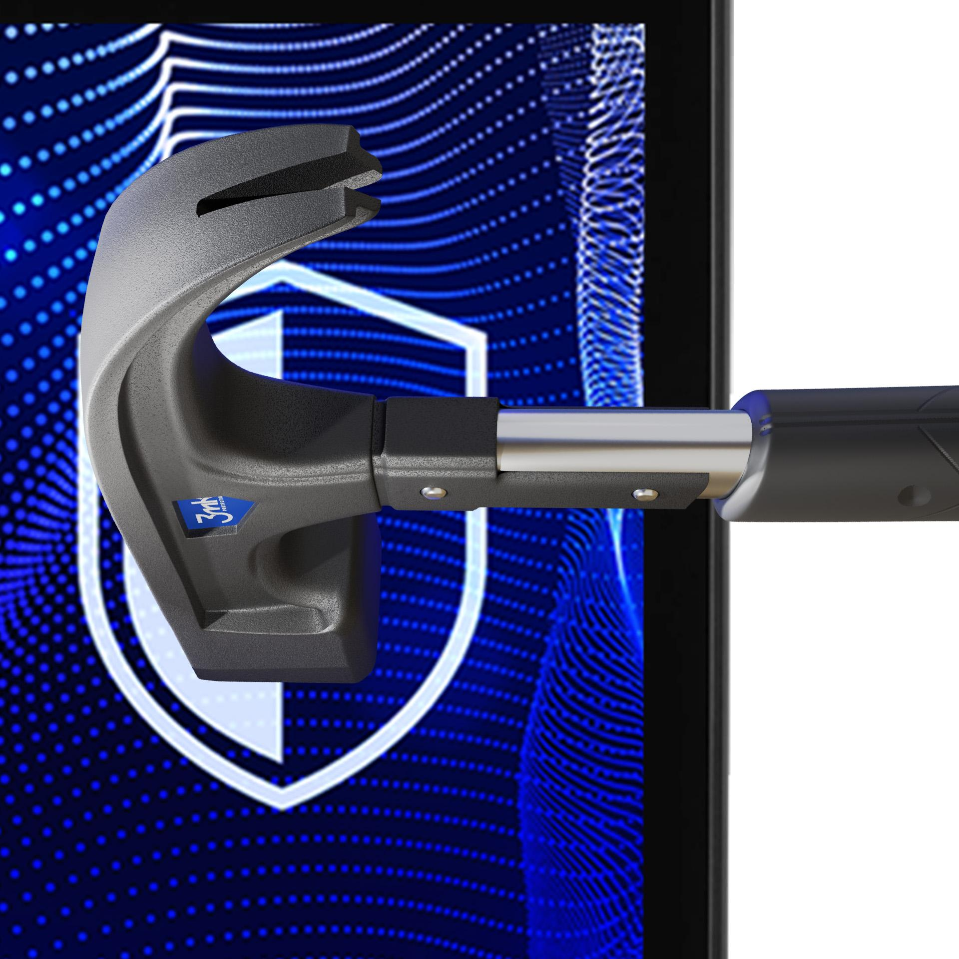 Głowica młotka rozbija ekran. Tło jest niebieskie z tarczą i białymi liniami.