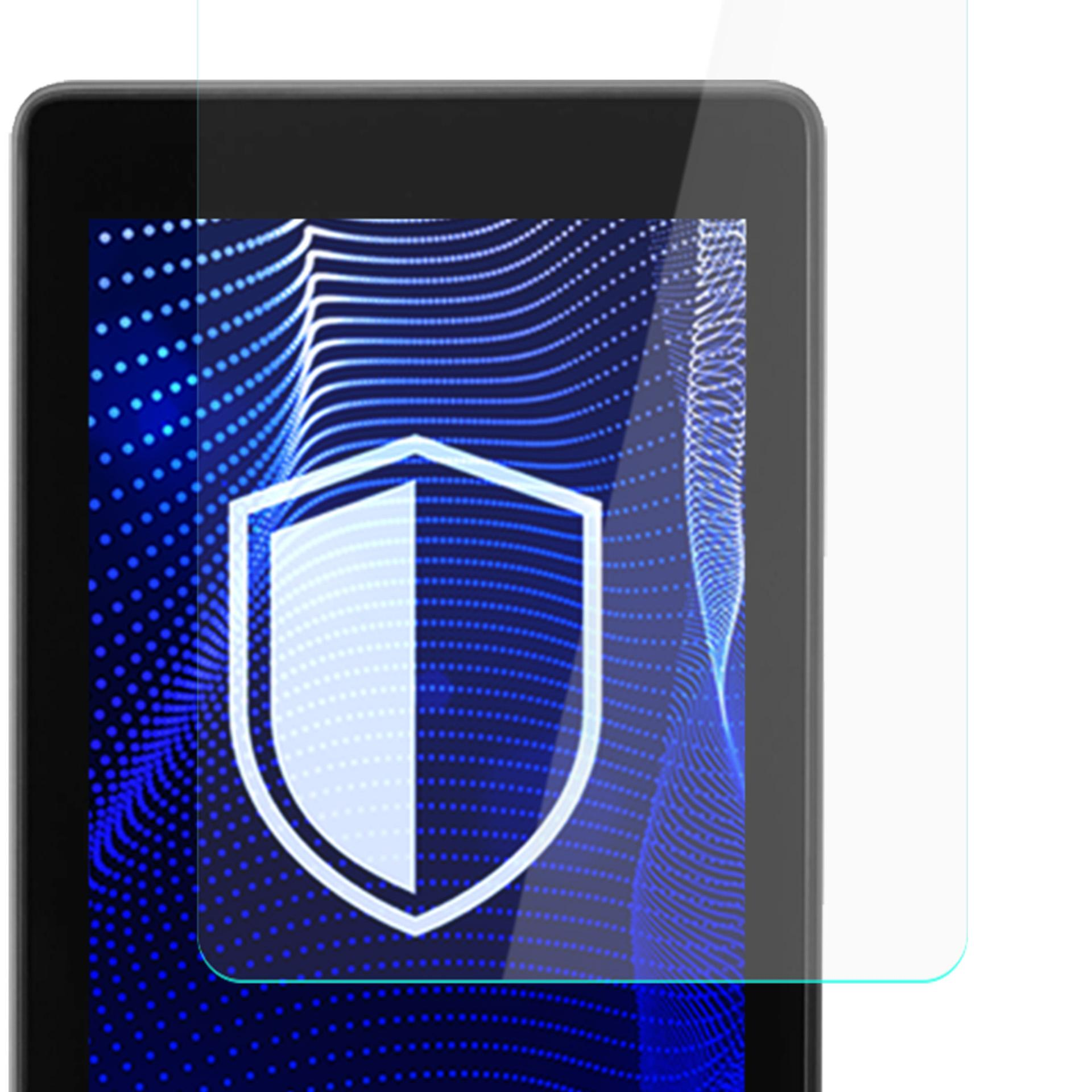Ochraniacz ekranu tabletu z białą ikoną tarczy na niebieskim tle, reprezentującą bezpieczeństwo.