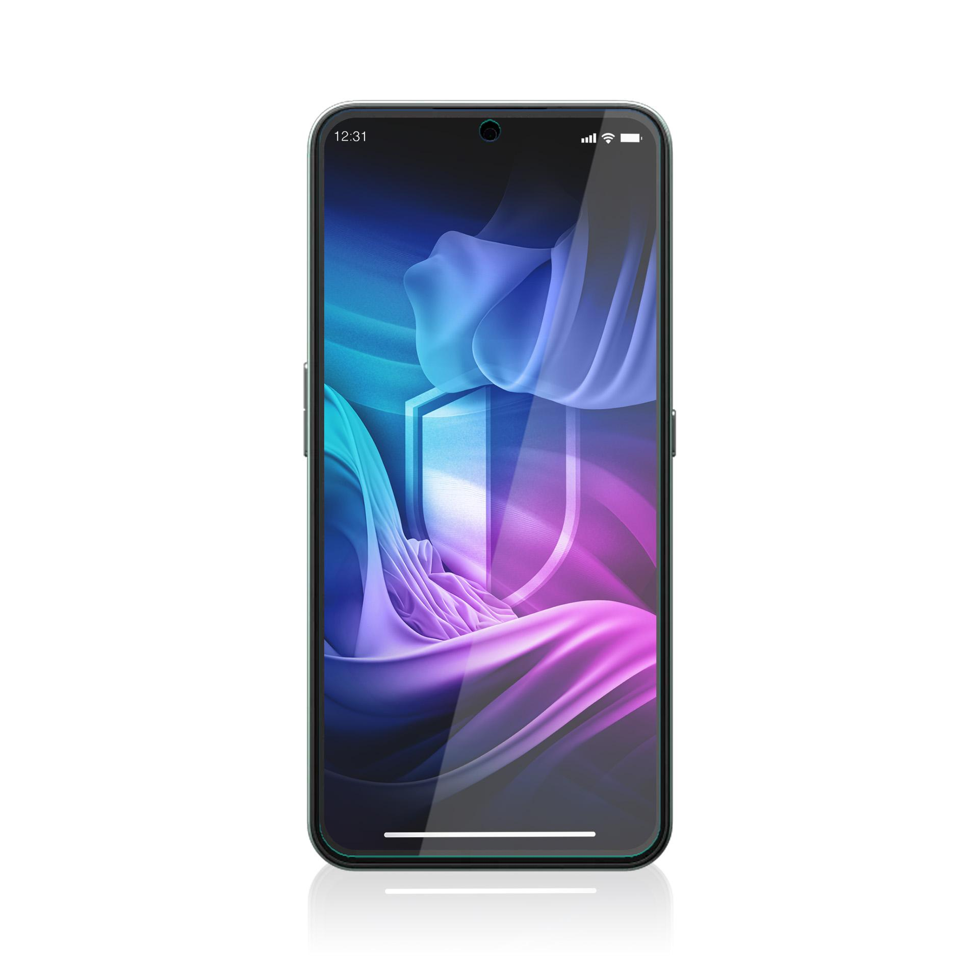 Smartfon z wzorem tarczy na ekranie. Kolory to niebieski, fioletowy i biały. Tło jest białe.