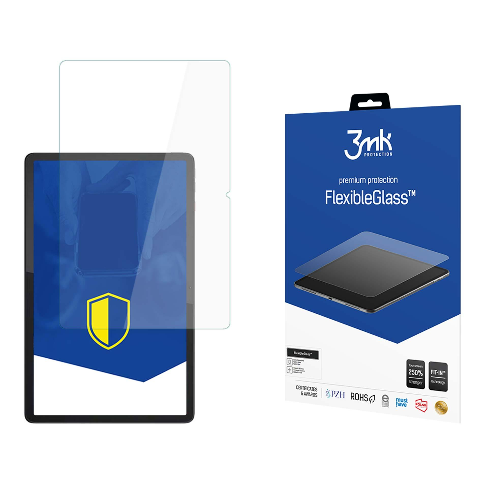 Tablet z ochraniaczem ekranu, obok pudełka z ochraniaczem ekranu FlexibleGlass. Na pudełku znajdują się logo i tekst.
