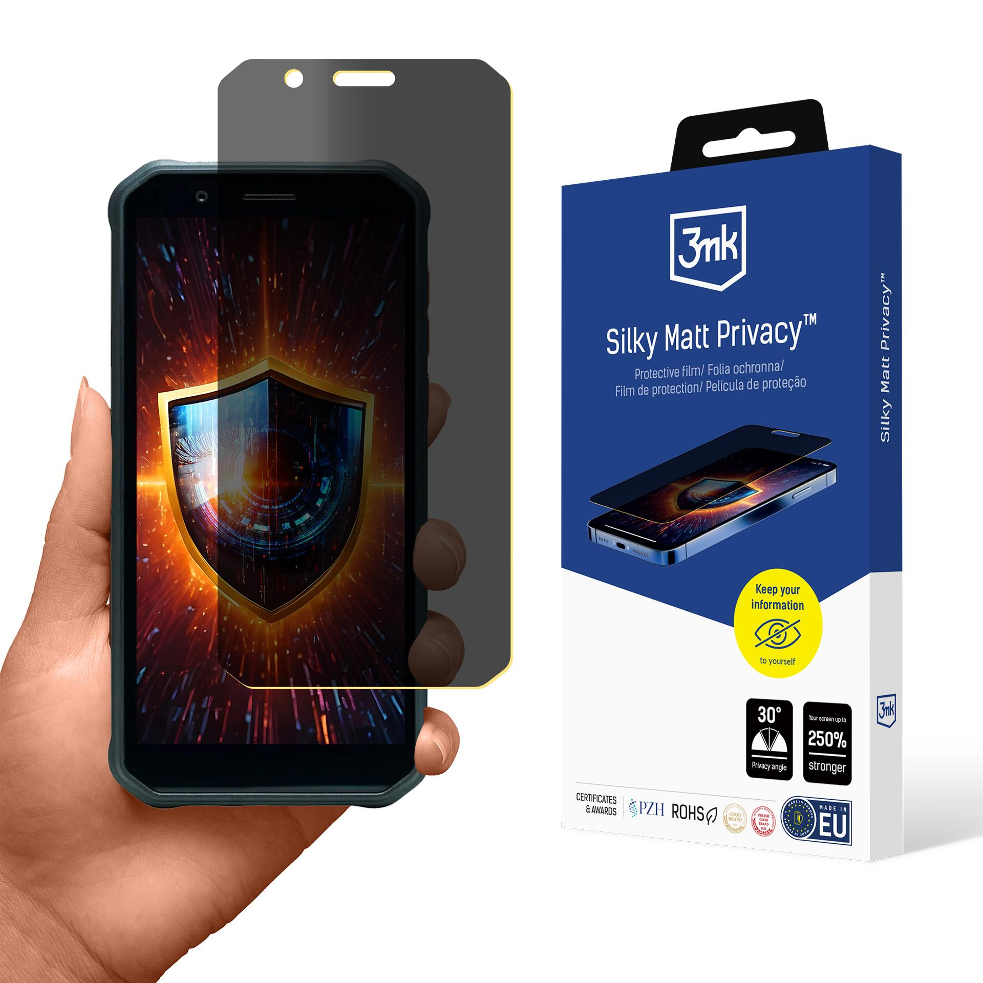 Mano che tiene un telefono con schermo privacy e scatola del prodotto. Lo schermo mostra uno scudo, la scatola promuove la privacy.