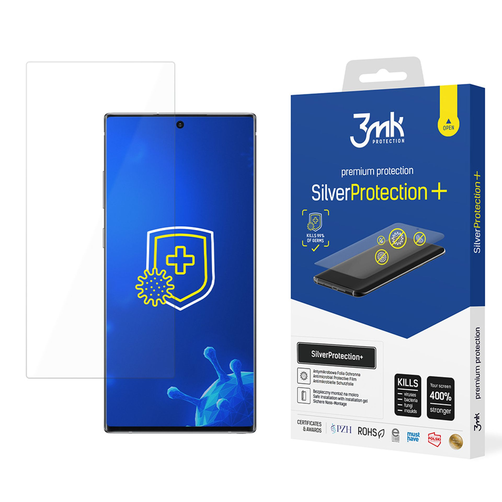 Uno smartphone con una protezione per lo schermo e una confezione con le informazioni sulla protezione per lo schermo, incluso un logo a scudo.